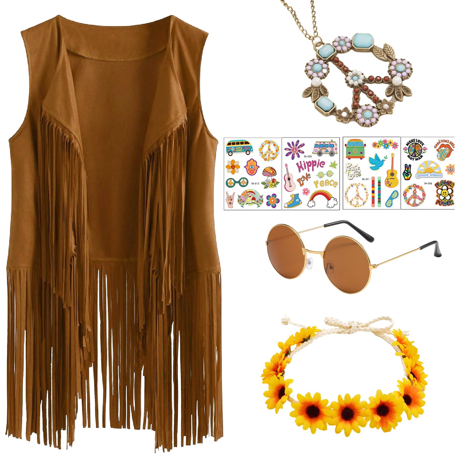 60s 70s Hippie Costume Set, 70s Women Fancy Dress Hippie Cosplay Accessories Set Includes Tassel Vest, Tassel Earrings, Sunglasses, Daisy Headpiece, Tattoo Stickers for Adult Halloween Carnival