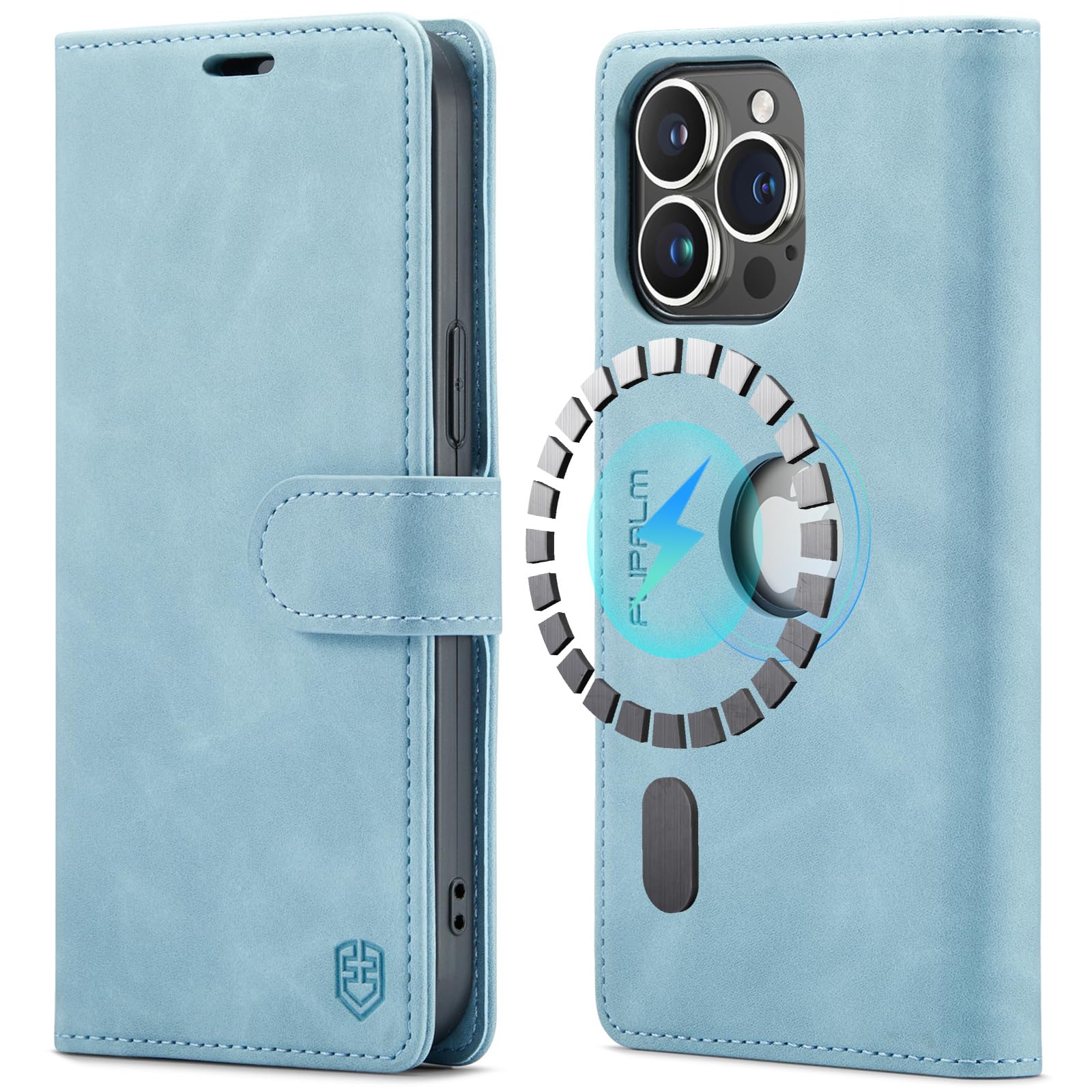 Photo 1 of FLIPALM Magnetic Case for iPhone 15 Pro Max Logo View with RFID Blocking Credit Card Holder, [Compatible with MagSafe] PU Leather Folio Flip Shockproof Cover Women Men(Tiffany Blue)