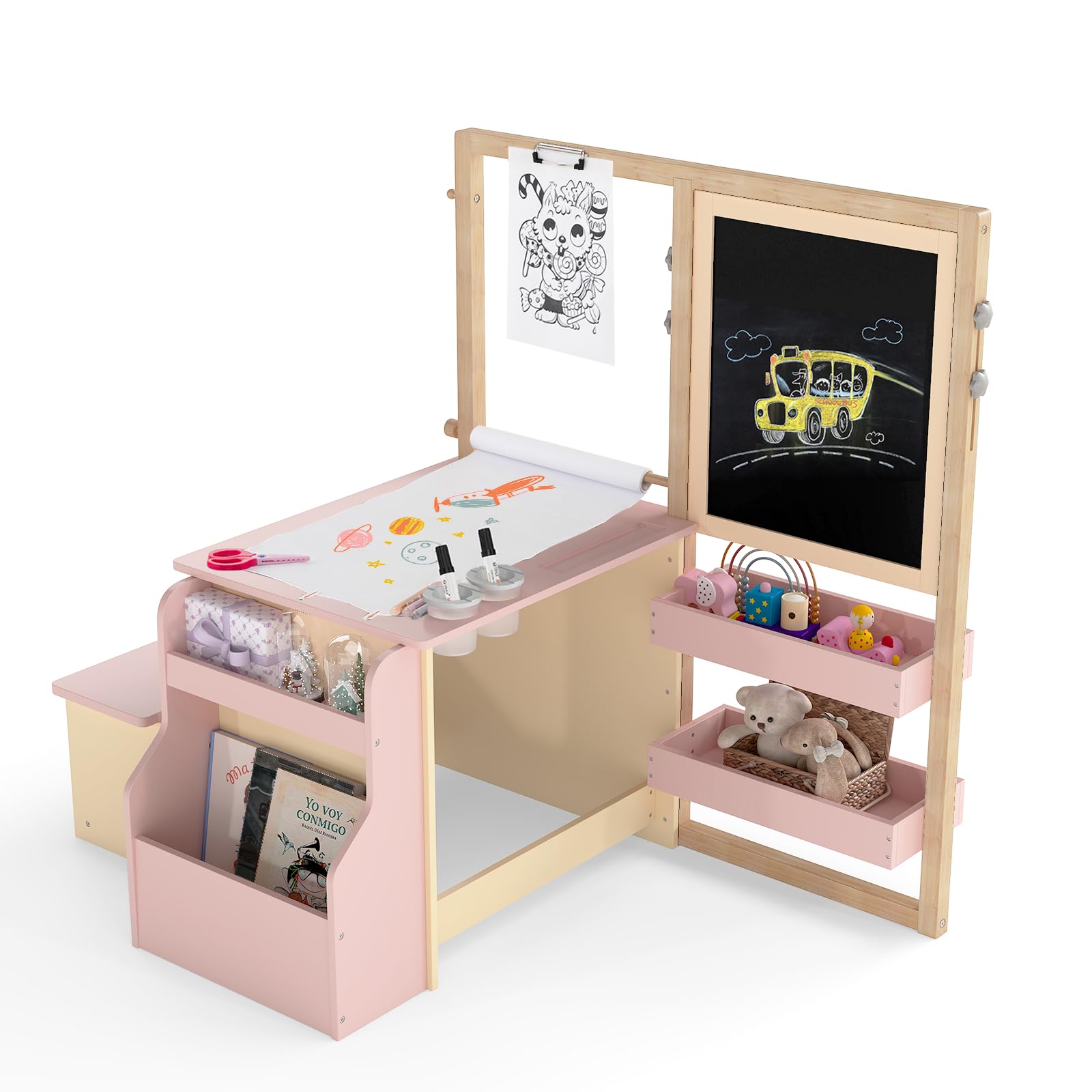 COSTWAY Kids Art Table and Chair, Children Activity Table with Double-Sided Easel, Paper Roll, Storage Trays, Bookshelf, Toddler Educational Toys Gift for 3 + Years Old (Pink+Natural)