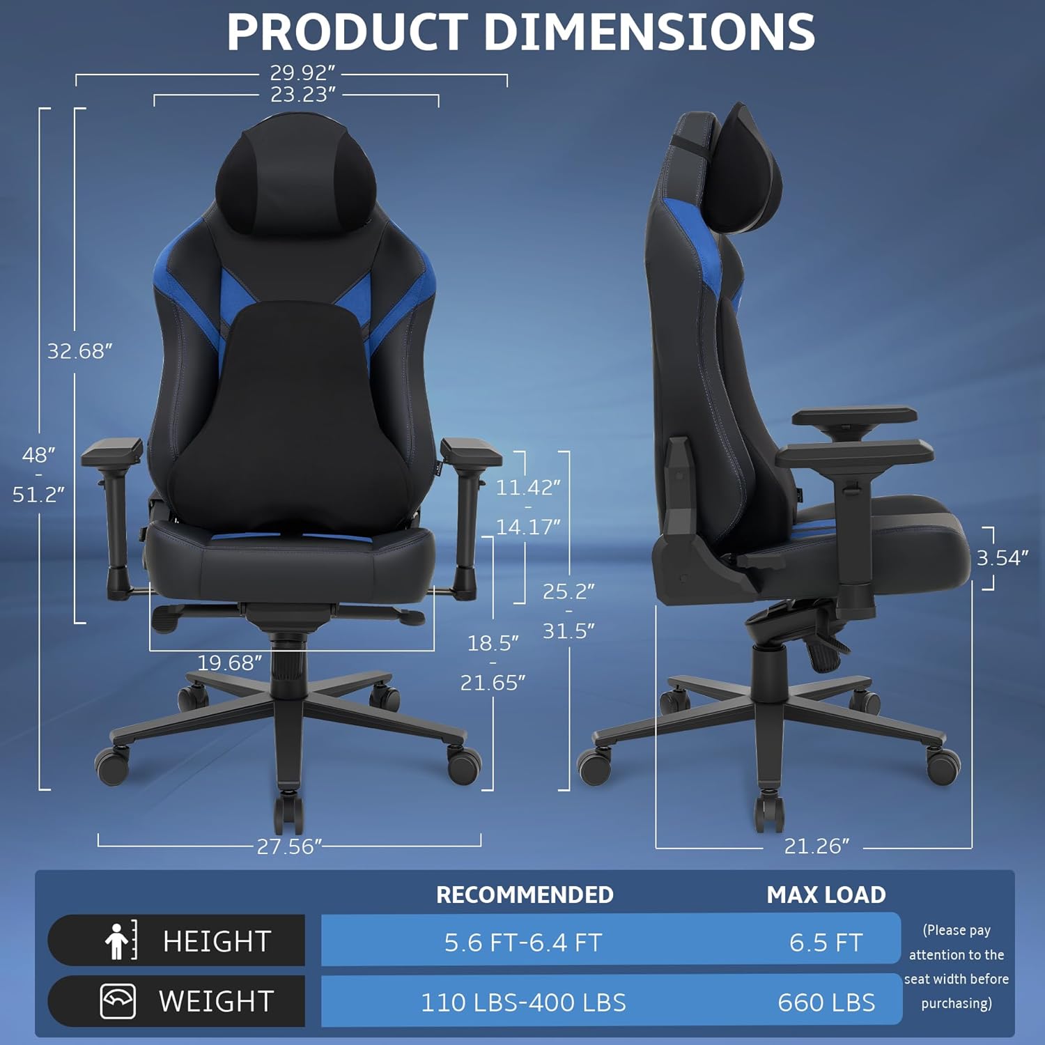 Ergonomic Gaming Chair, Computer Desk Chairs, 4D Armrests, High Back Office Chair with Headrest & Lumbar Pillow, Tilt Rocker Recliner, Heavy-Duty Base, Black PU Leather & Blue Suede Combo