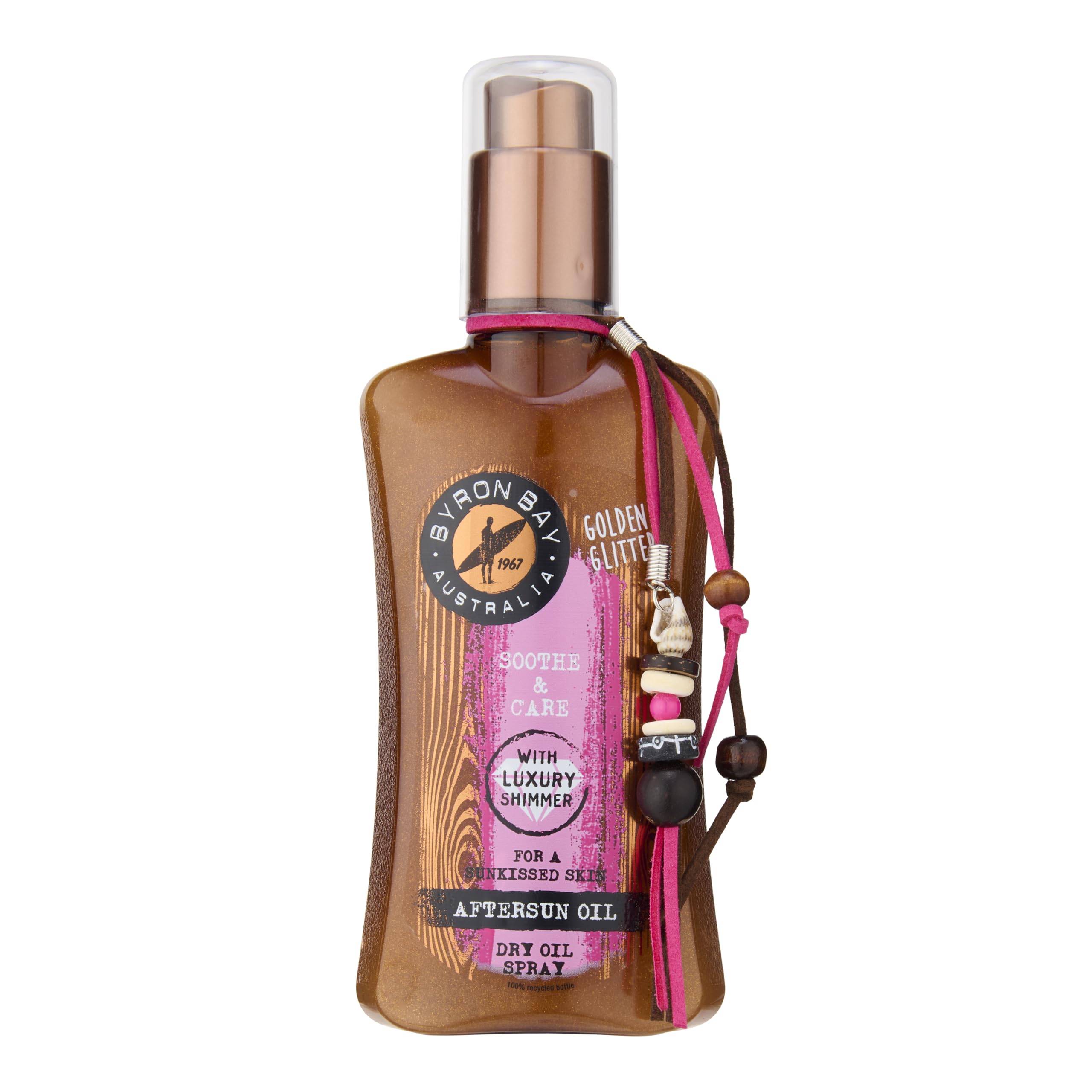 Byron Bay Australia Lotion Après-Soleil Huile Sèche Brume Pailletée – Avec Paillettes Dorées Luxueuses pour un Teint Hâlé, Avec Antioxydants, Soin Après-Soleil Non Gras, Parfum Estival Tropical 200ml
