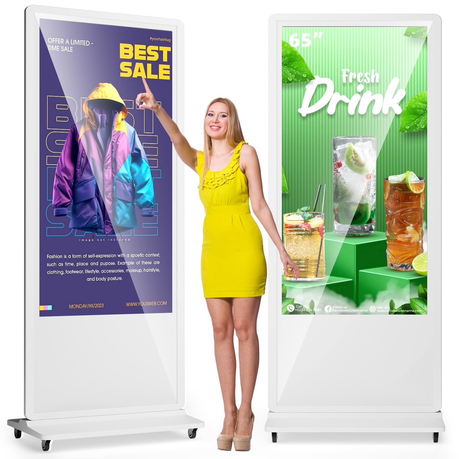 65 Inch Digital Signage Display Touchsreen, Advertising Kiosk IPS LCD Screen, Indoor Floor Standing Customizable Commercial Totem, Android System, Interactive Display Poster Auto Media Player