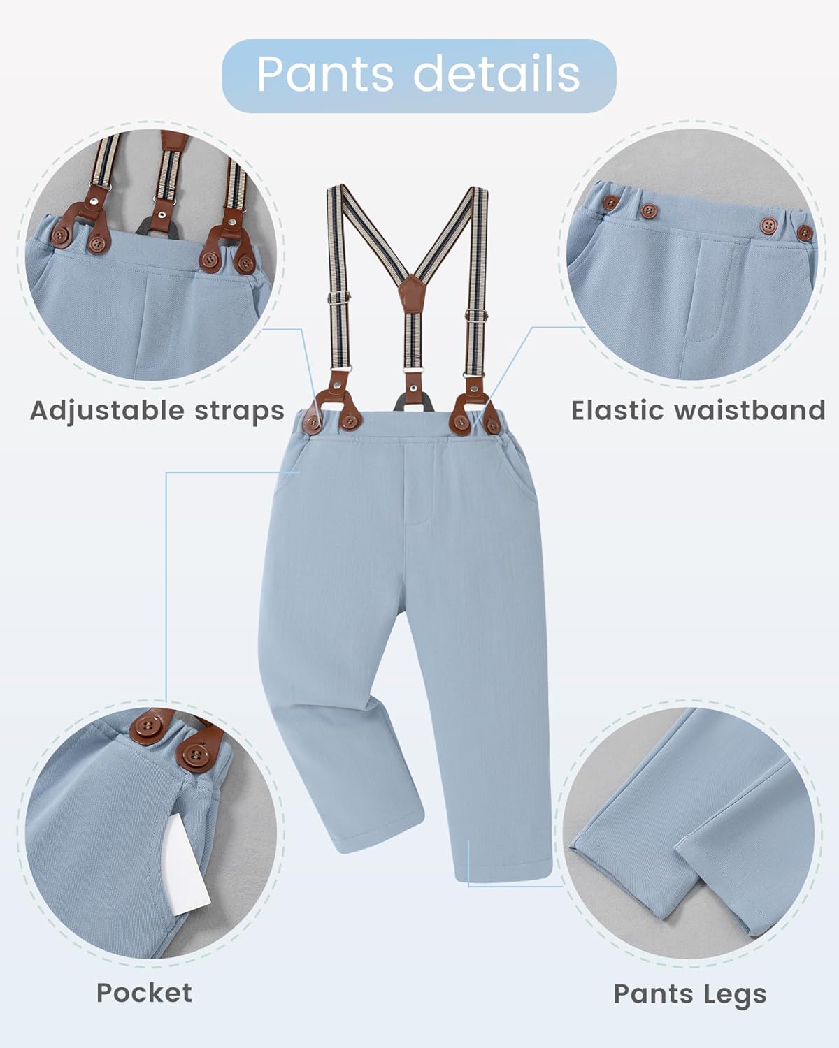Toddler Boys Semi Formal Outfit 3pcs Sets Short Dress Shirt Suspender Pants Bow Tie for 1-5 Years - Image 3