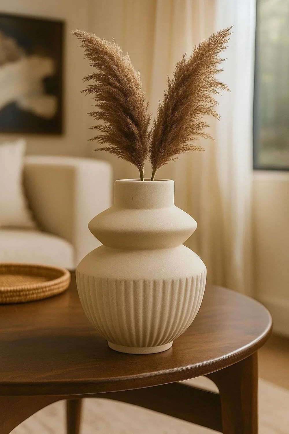SPHINX Ribbed Ceramic Vase for Home Decor | 6 Inch Matte Ivory Textured Flower Pot | Modern Nordic Style Table Vase for Living Room, Office & Bedroom Decoration