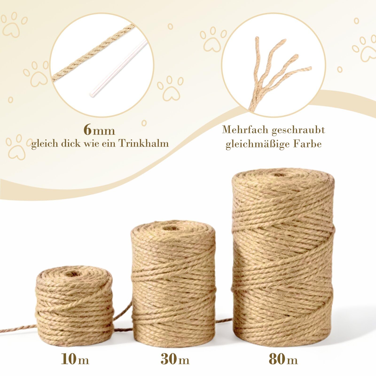 Corda in sisal per tiragraffi, 6 mm x 10 m, per tiragraffi di gatti, fai da te, decorazione per la casa (10 m)