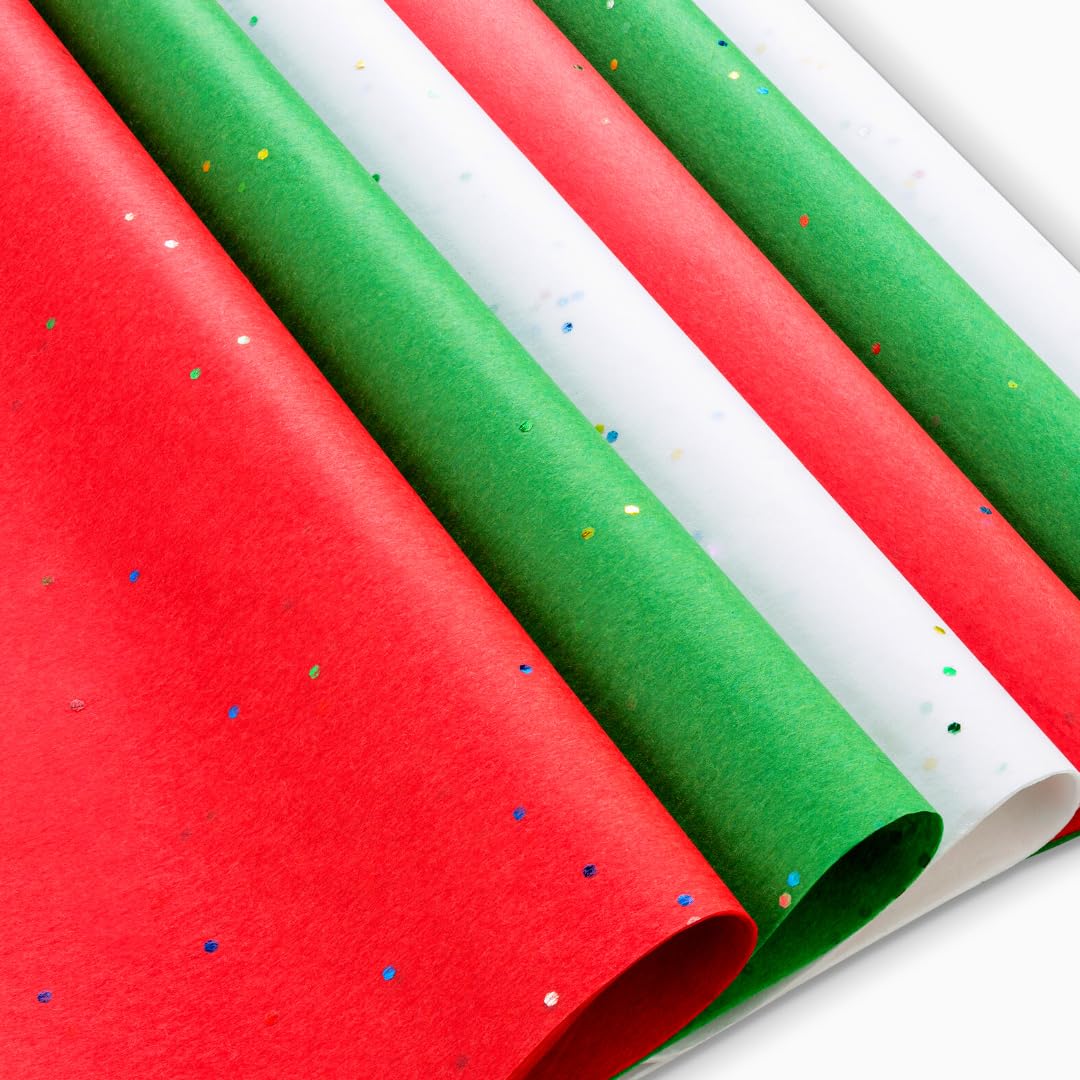 Plum Designs Christmas Tissue Paper, 20x20 inches, Red Green White Glitter, 50 Sheets (100)
