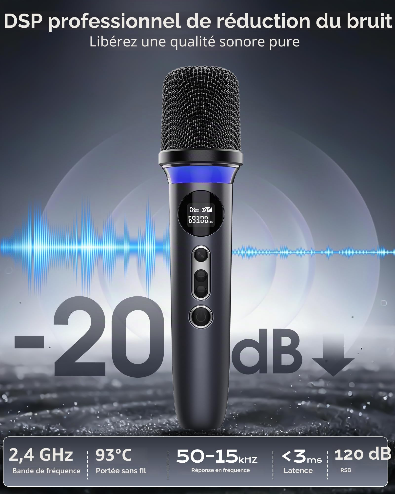 Microphone sans fil, système à double microphone avec fonction de, mise en sourdine par simple pression, éclairage RVB dynamique. 40h d'autonomie, portée de 200FT. pour les DJ, les mariages le chant .