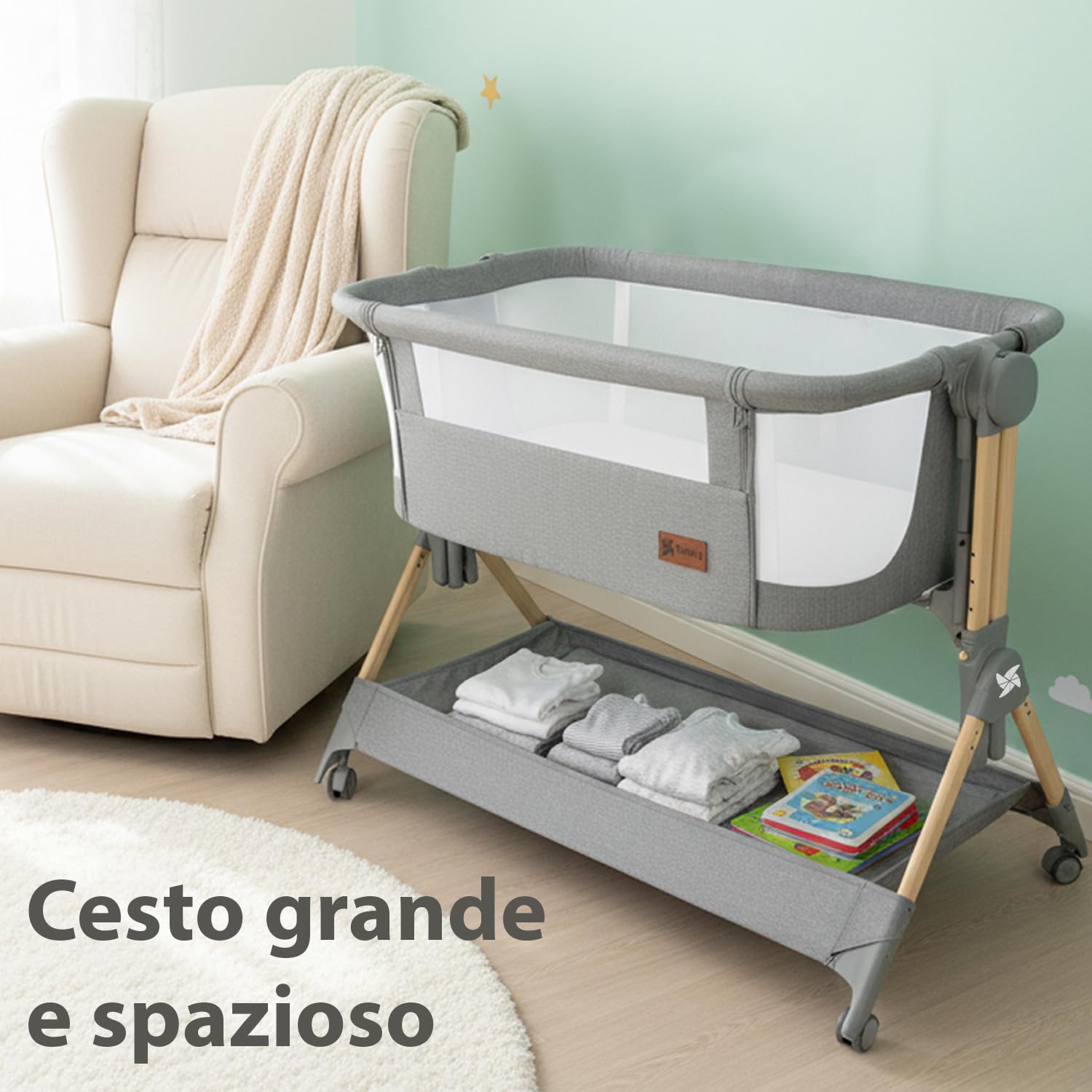 Twinly – Culla Co‑Sleeping Comfortly con Ruote | Pieghevole in pochi secondi, Altezza Regolabile (5 posizioni), Traspirante 0+ mesi fino a 9 kg, Materasso, Lenzuolo, Borsa e Cesta – Senza Montaggio