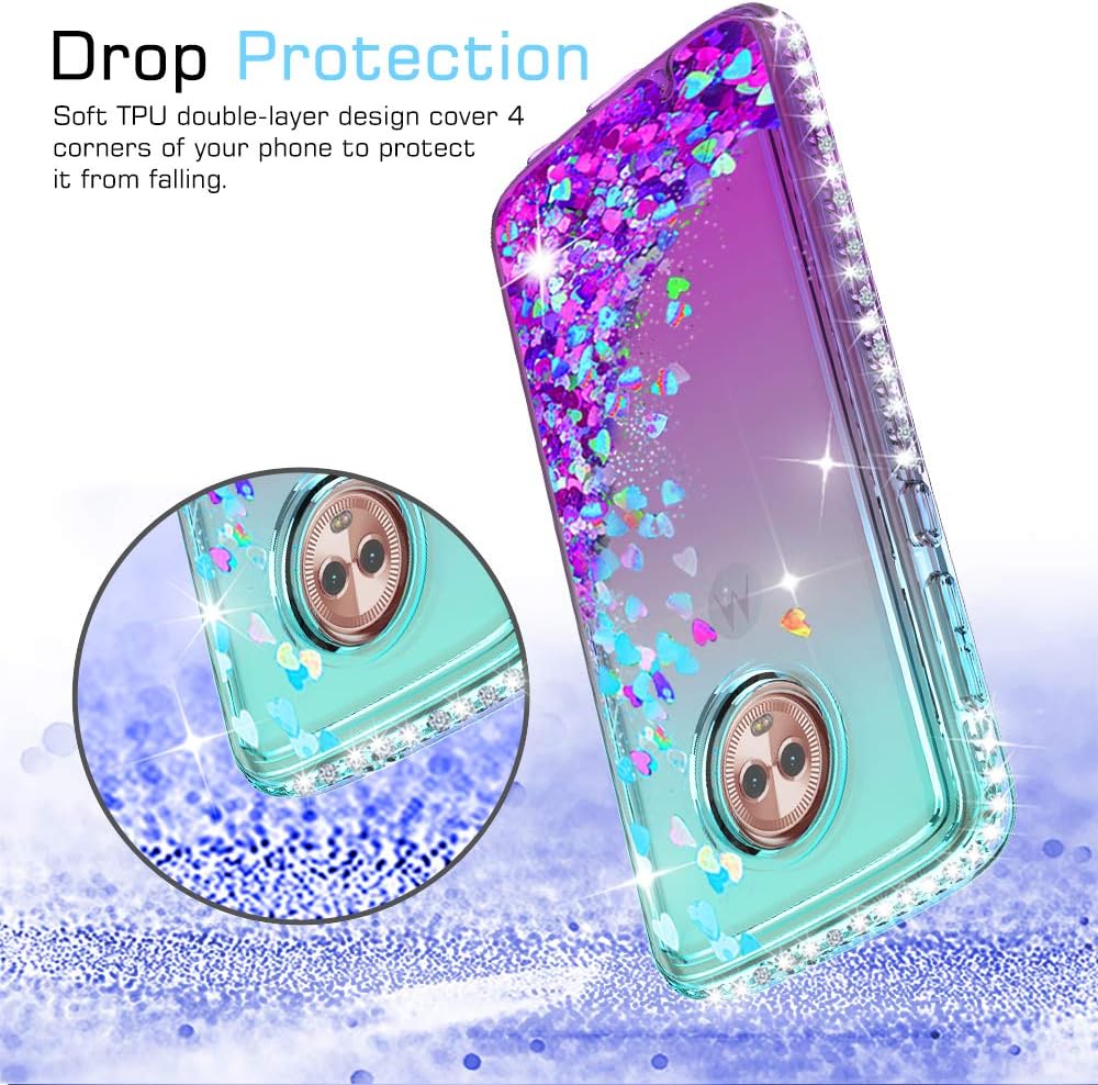 Moto G6 Glitter Case with Tempered Glass Screen Protector [2 Pack] for Girls Women,LeYi Shiny Bling Diamond Liquid Quicksand Clear TPU Protective Phone Case for Motorola Moto G6 (Gradient Teal/Purple)