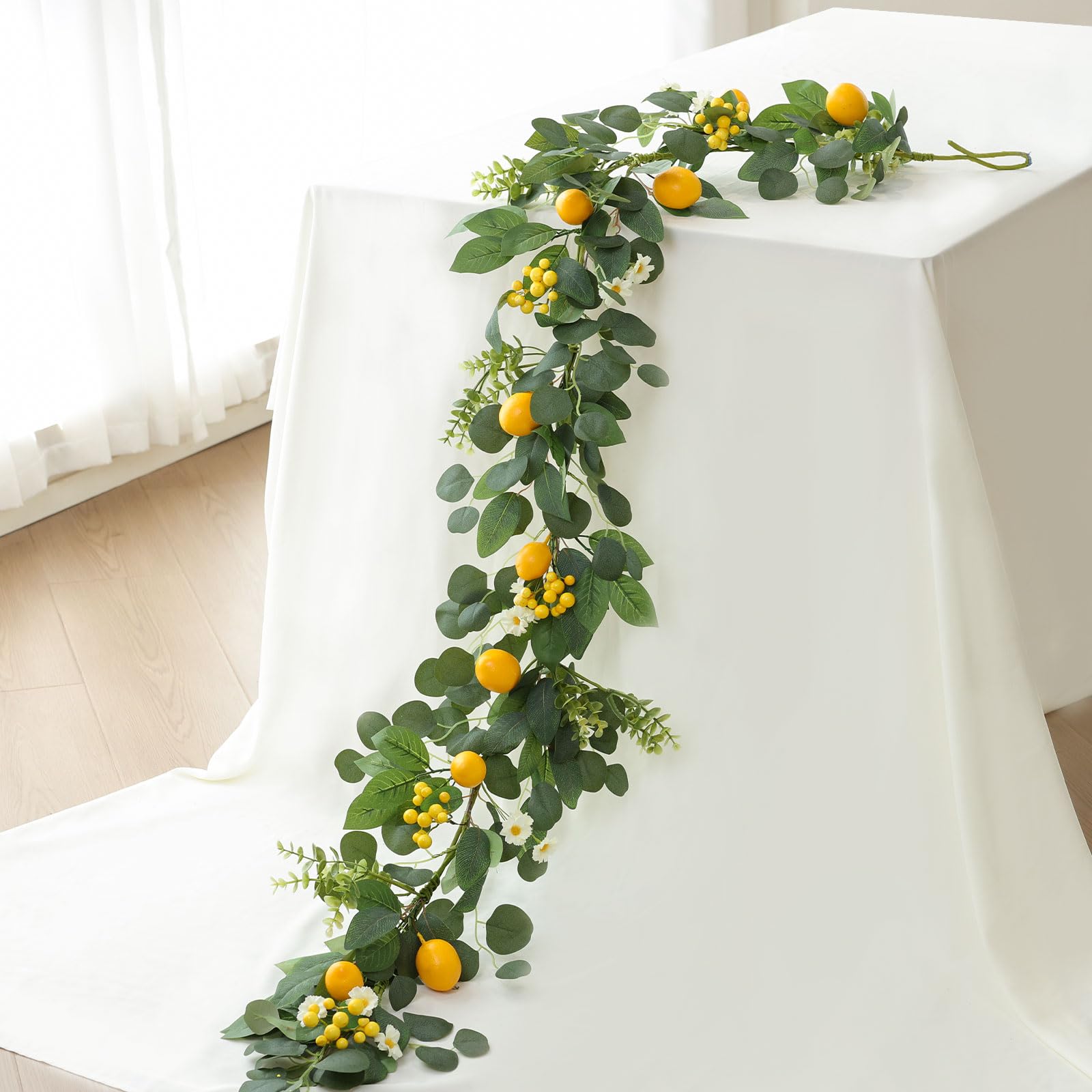 Photo 1 of Mizii Artificial Lemon Garland 6FT Fake Fruit Lemons Garland with Berries Green Leaves Hanging Vines Greenery Decorations for Kitchen Table Centerpieces Room Party Birthday Decor (Lemon with Berries)