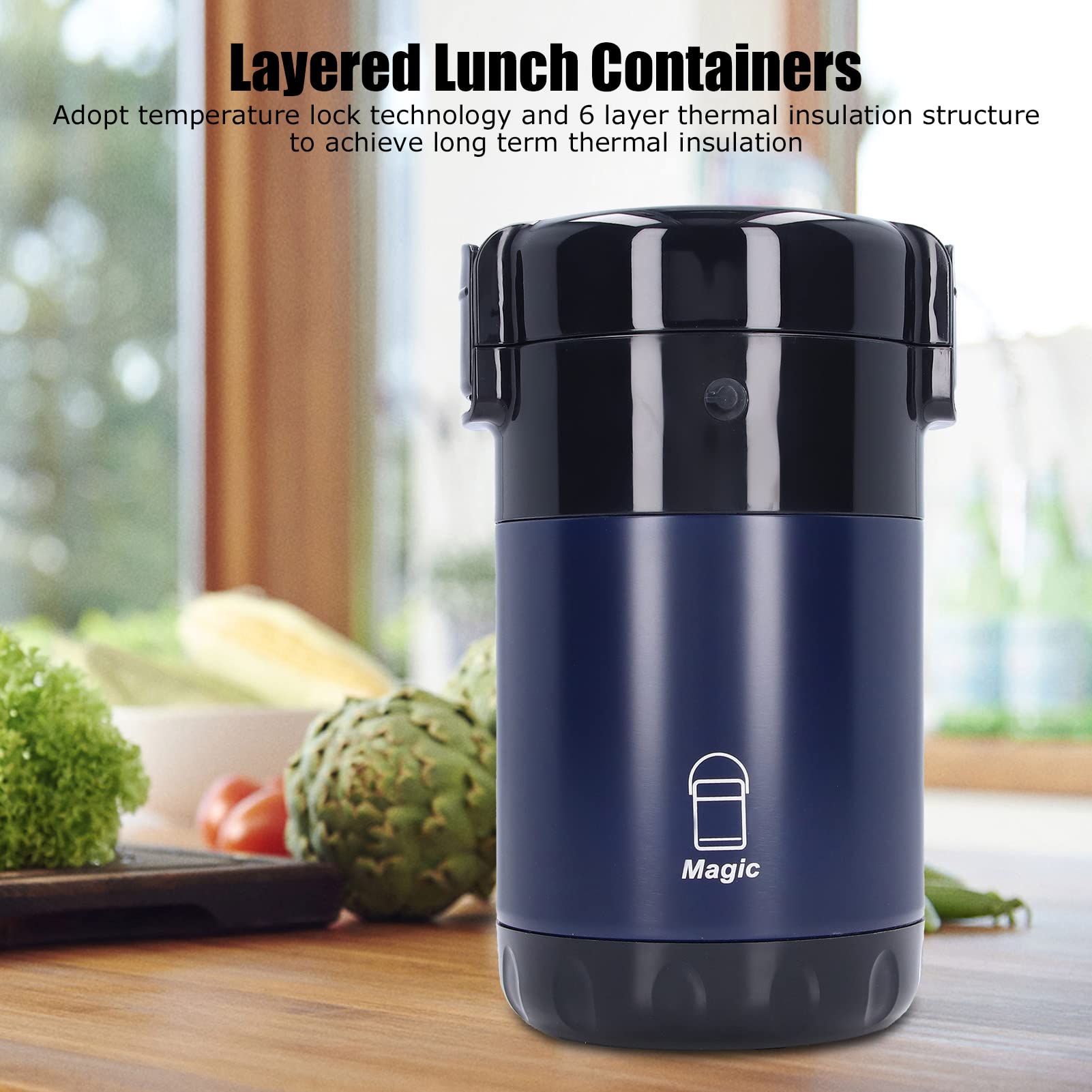 Fiambrera Themral, contenedor de almuerzo apilable de 2,3 l con compartimento de acero inoxidable, interior de doble vacío for adultos, mujeres, hombres y niños (3 capas) (azul profundo)(Deep Blue)
