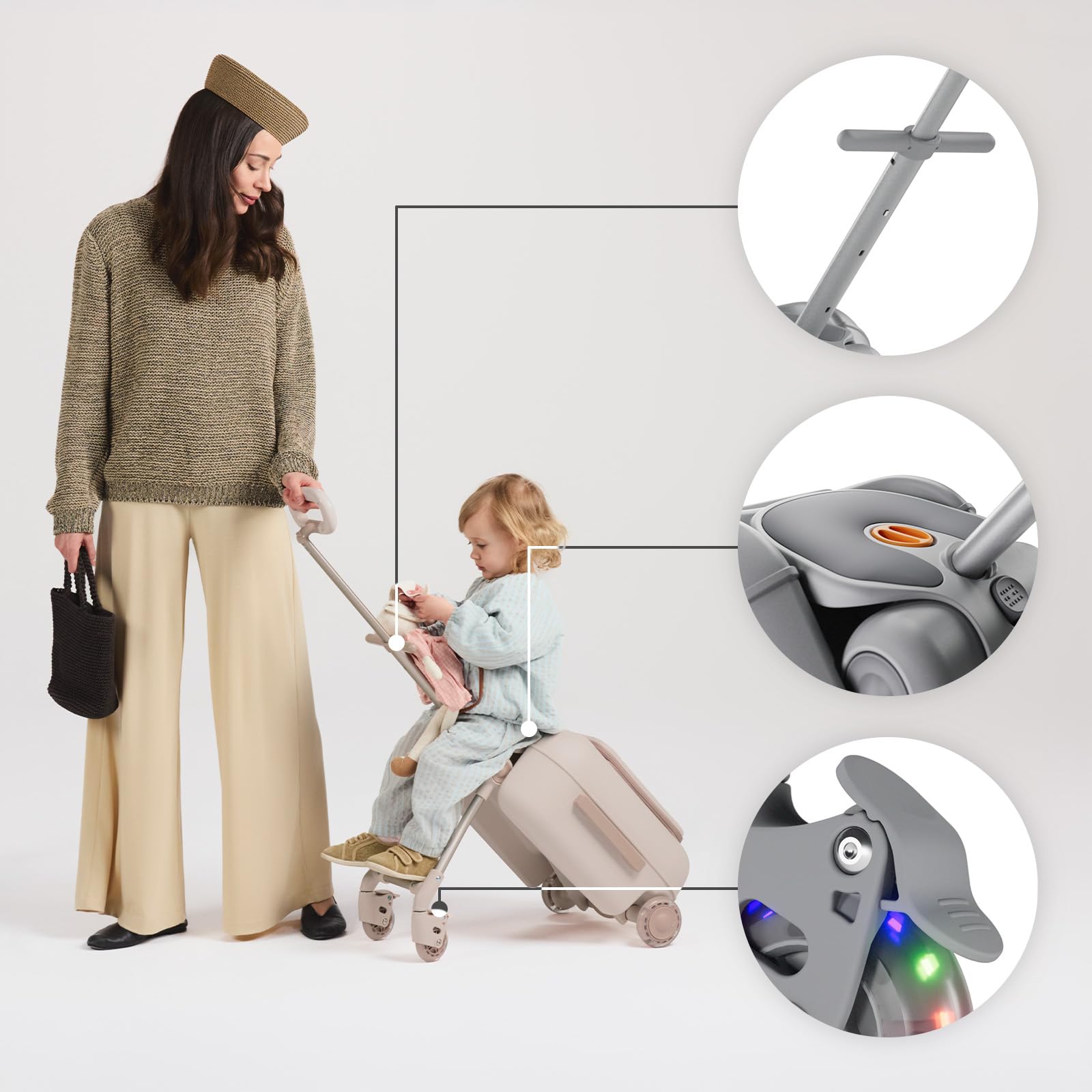 Kinderkraft CABBY Valigia Bambini 2 in 1, Bagaglio a Mano con Seduta, Ruote LED, 20 L, Pieghevole, Fino a 70 kg, Grigio
