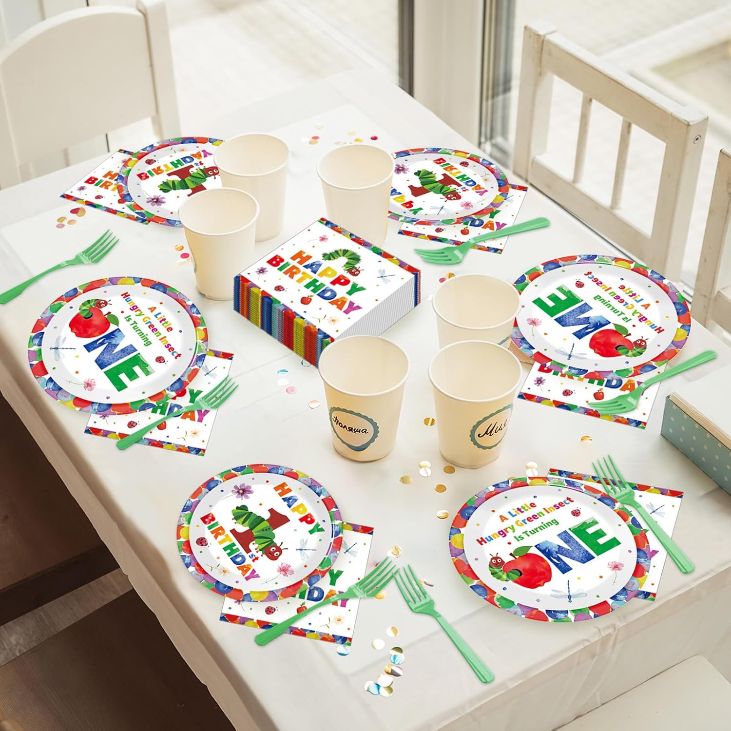 96Pcs Caterpillar 1st Birthday Party Plates and Napkins Green Caterpillar Theme Decor Very Hungry Paper Disposable Dessert Cake Plates Cartoon Insect Tableware Set for Kids Birthday 24 Guests
