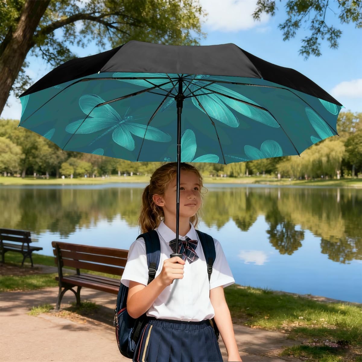 Teal Green Dragonfly Pattern Folding Umbrella Windproof Compact Lightweight Travel Umbrella with 8 Reinforced Ribs, Portable UV Sun & Rain Protection for Men & Women