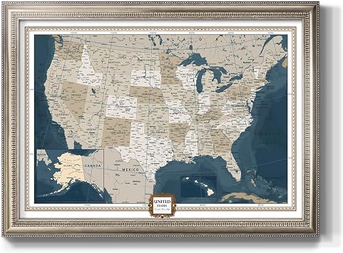 World Travel Map Wall Art Collection Vintage Executive National Geographic US Travel Map Framed Wall Art with Push Pin, 26x40, Pewter