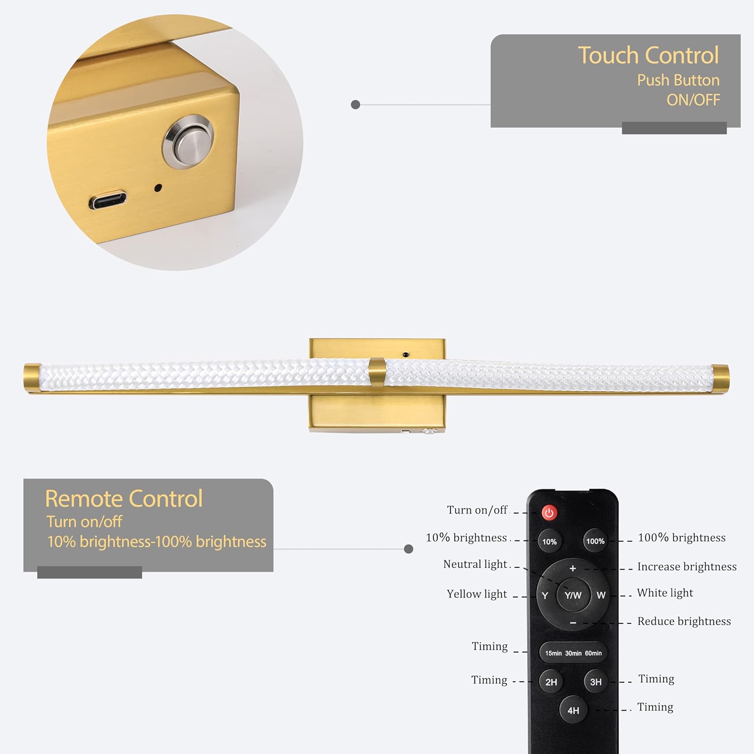 Gold Battery Operated Wall Sconces Set of 2, Rechargeable Wall Sconce with Remote, 3 Color Dimmable Sconces Wall Lighting, Wireless Wall Light for Living Room, Bedroom