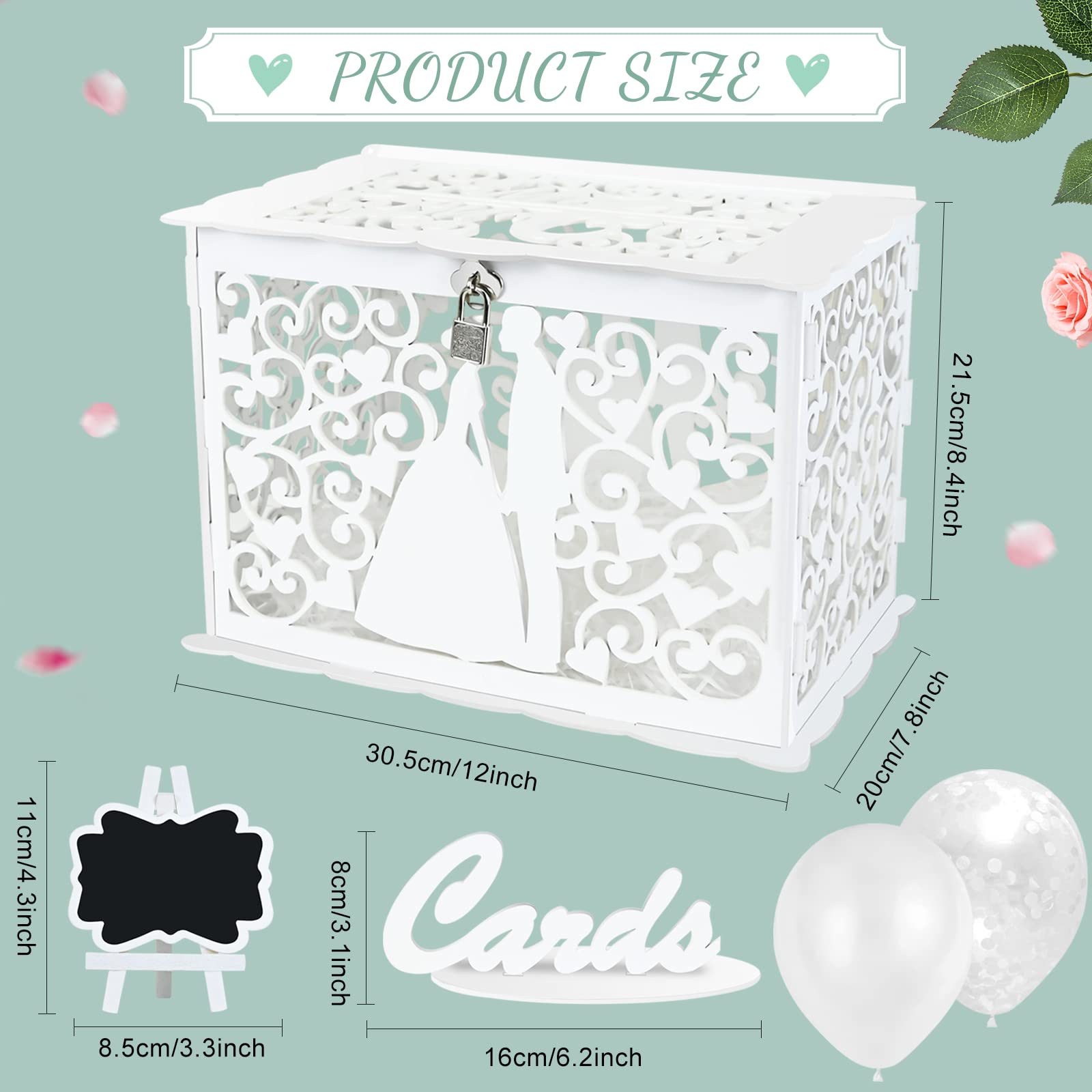 Ulikey Scatola Carte di Nozze, Porta Buste Matrimonio Legno, per Soldi con Serratura, Contenitore con Palloncini e Rafia, Decorazione (Stile 2)