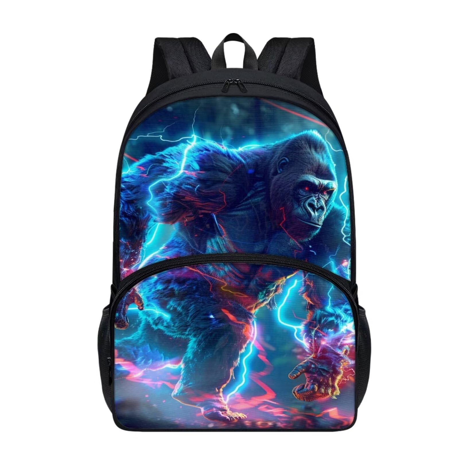 17 Inch Cute Girls Cool Lightning Gorilla Backpack for Boys Casual Simple Lightweight Blue Bookbag with Front Pocket Smooth Zipper Padded Straps Print