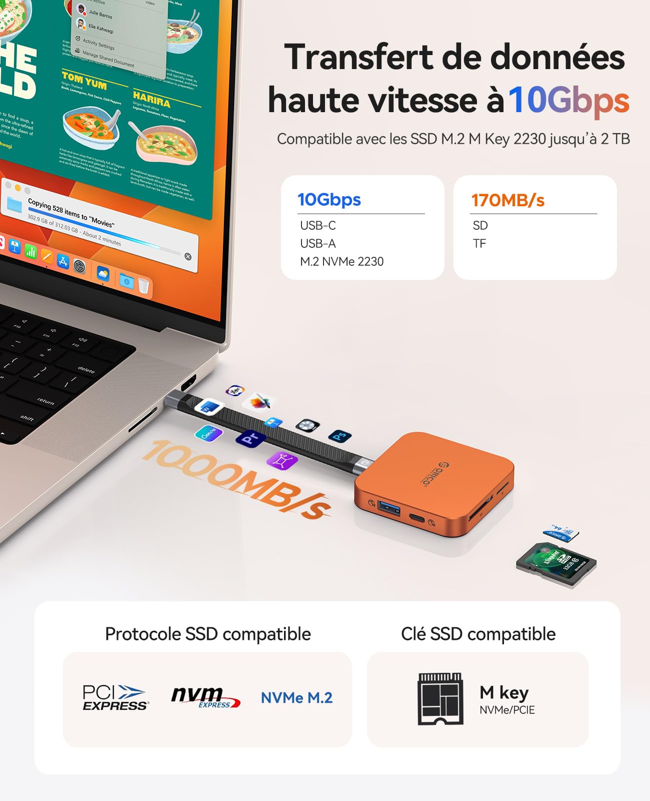 ORICO Station d'accueil Magnétique USB C avec Boîtier SSD M.2 2230 NVMe, Docking Station 8 en 1 avec HDMI 4K@60 Hz,PD 100 W, USB-A 10 Gbps, SD/TF, Audio. USB C Hub DockingStation pour iPhone/Dell HP