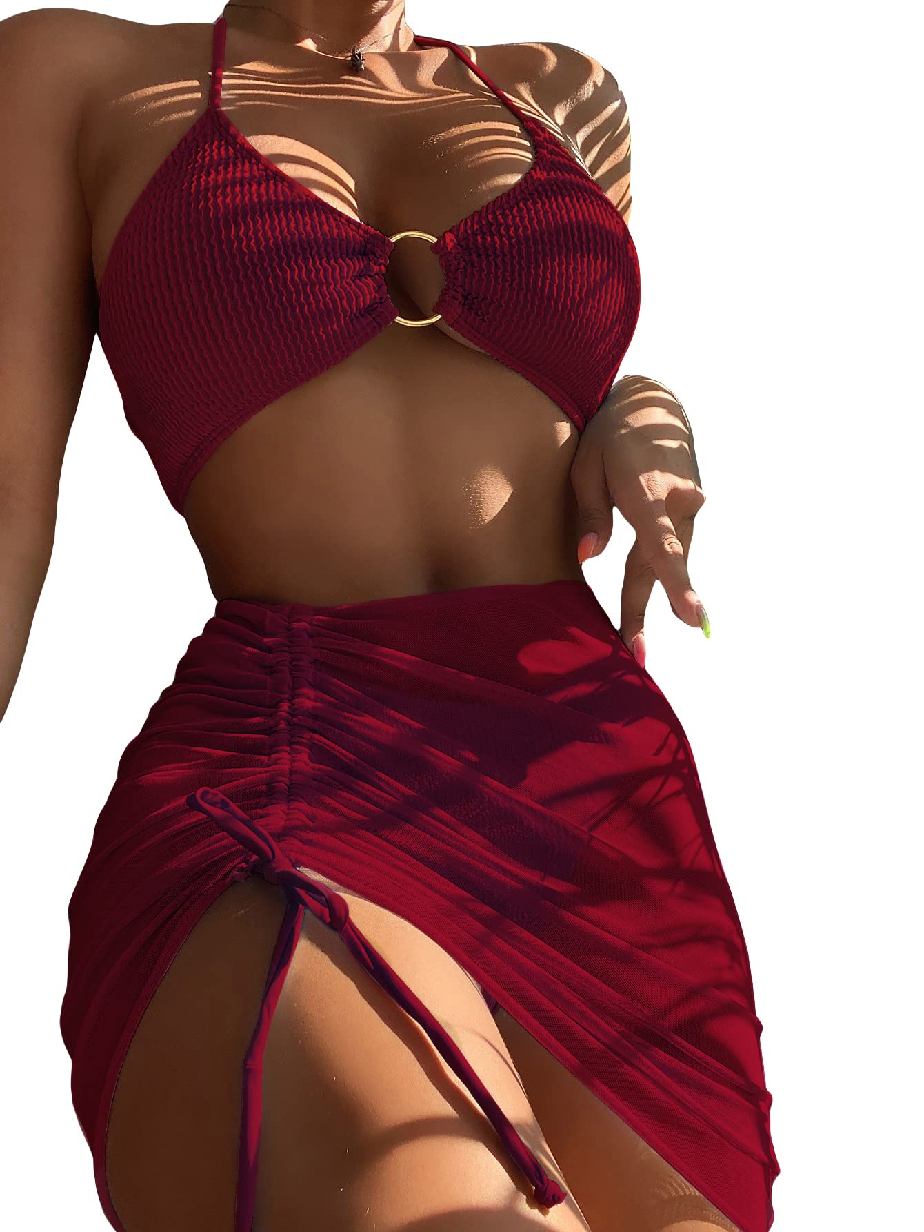 MakeMeChic Women's 3 Piece Bathing Suits Halter Ring Bikini Set with Cover Up Skirt