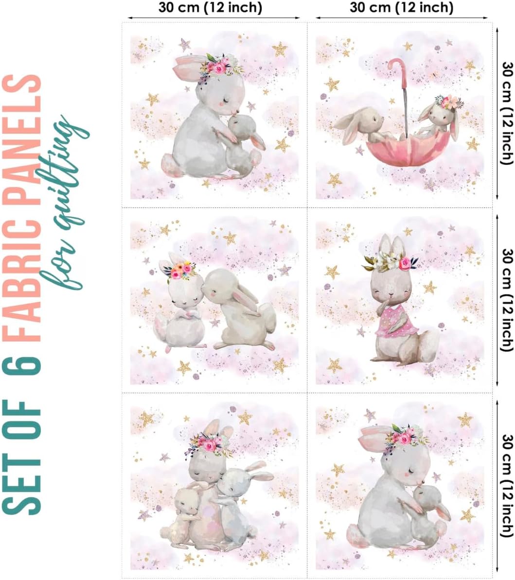 UNIQUE Bunny Fabric Panel Set (6 Panels, 12x12in Each), Quilting Panels, Baby Quilt Panels, Cotton Baby Panels, Blanket Panel, Panel for Quilting