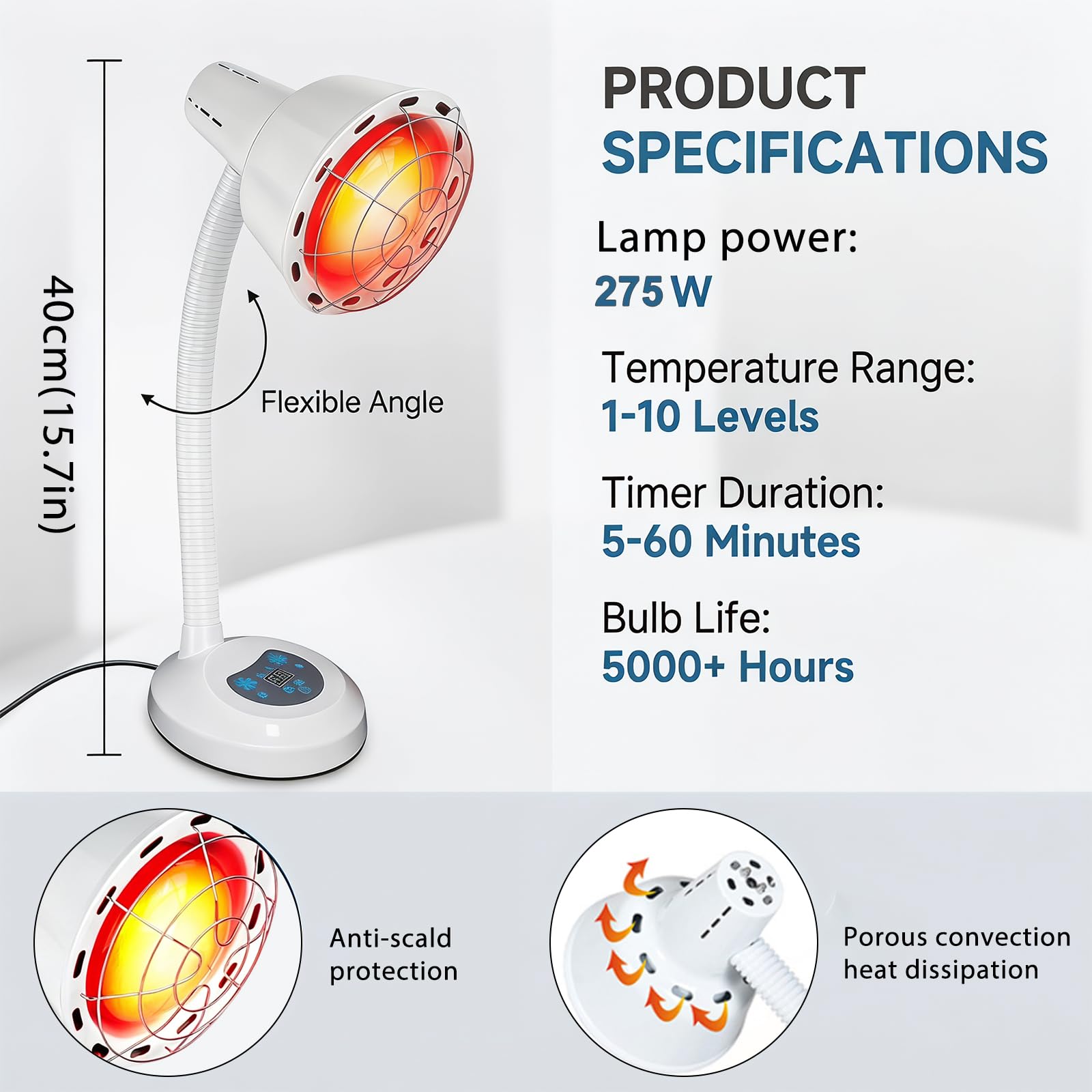 Lampada riscaldante a luce rossa da 275 W, lampada a infrarossi, temperatura regolabile, luce rossa con griglia di protezione, 10 livelli di temperatura regolabili con timer, per rilassare