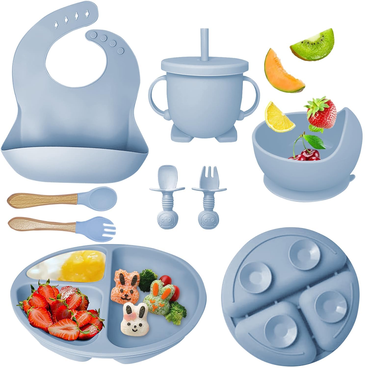 U-HOOME Silicone Baby Feeding Set,Baby Led Weaning Supplies-Suction Bowl Divided Plate-Toddler Self Feeding Cutlery Set with Spoons,Bib,Straw Cup,Eating Utensils for 6+ Months (Grey blue)