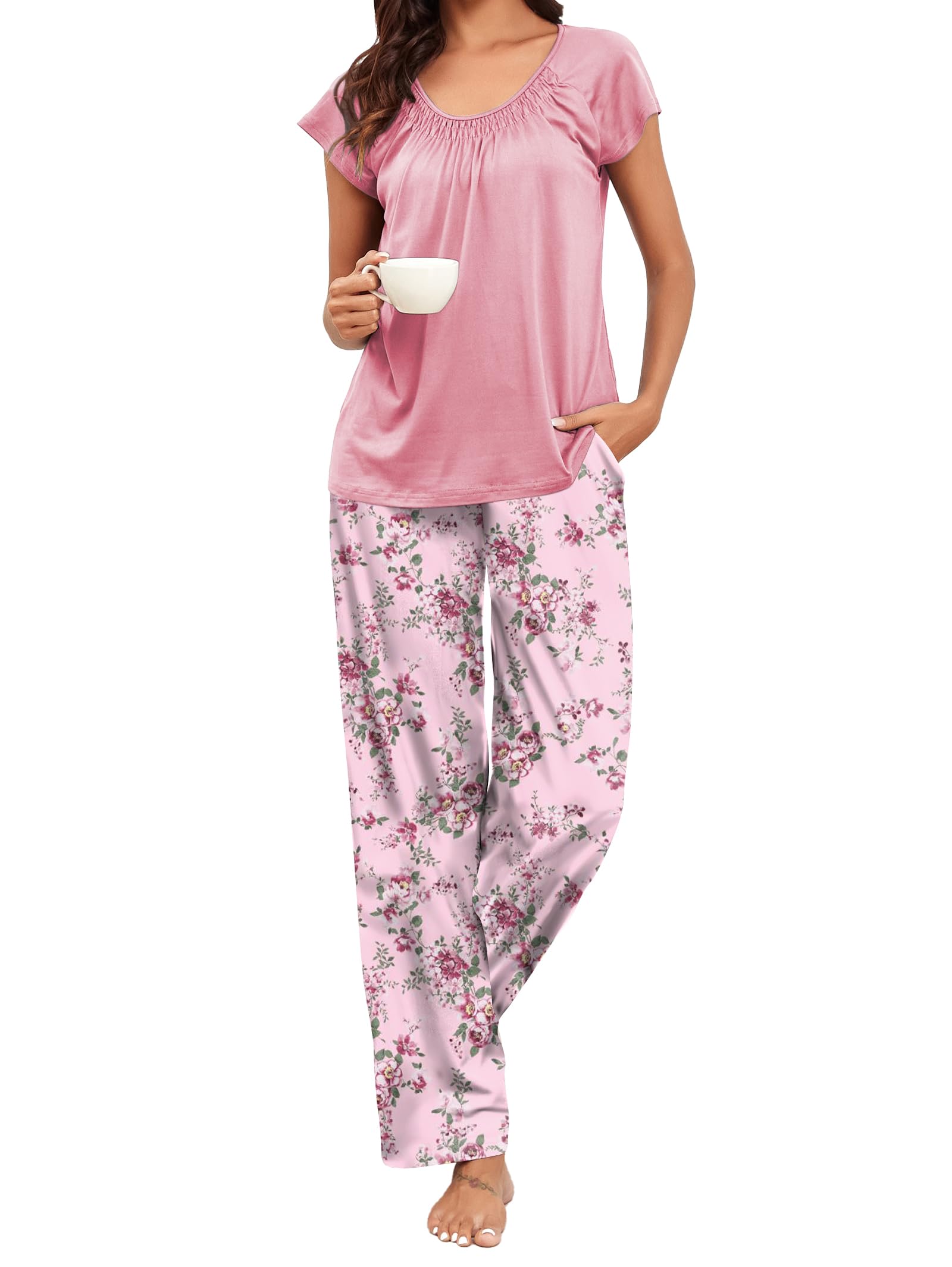 FamulilyWomens Pajamas Raglan Short Sleeve Boat Neck Pleated Top&Pajama Wide Leg Pants Floral with Drawstring Pockets S-2XL
