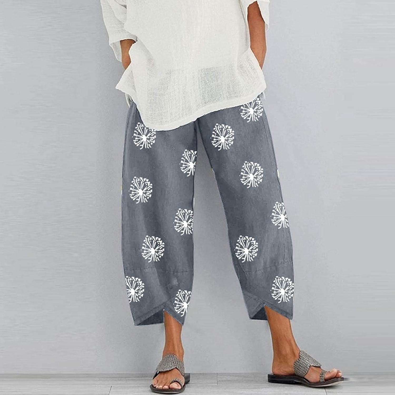 Capris Pants for Womens Cotton Linen Wide Leg Plus Size Cropped Pants Print Comfy Elastic Waist Sweatpants - Image 2