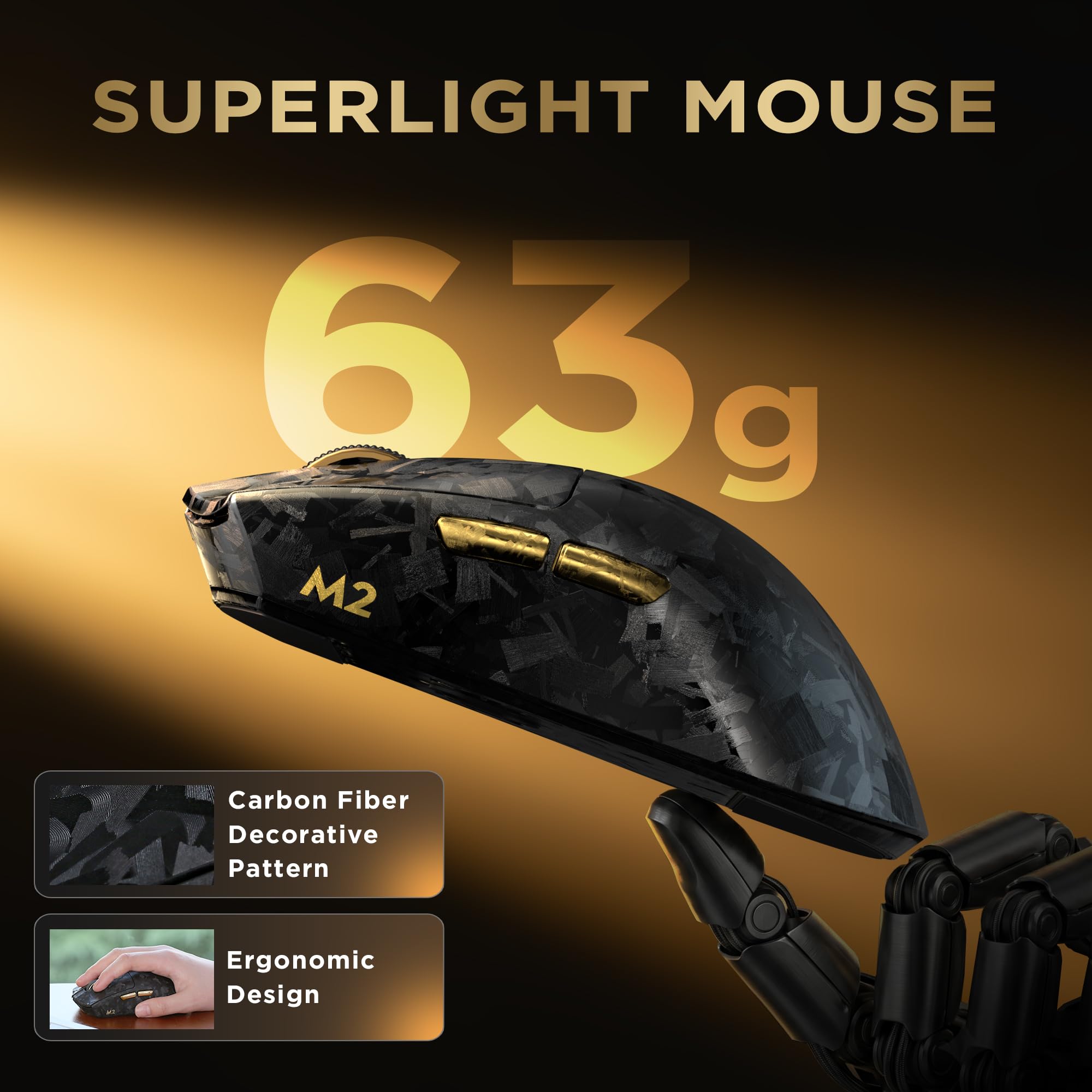 YUNZII M2 Mouse Wireless Gaming Doppio 8K, PAW3395, 6-Level DPI (Nero) | Fino 30000 DPI, 65g, Vernice Effetto Fibra di Carbonio, Personalizzazione Tramite Software, USB-C/BT/2,4 GHz, Batteria 500mAh