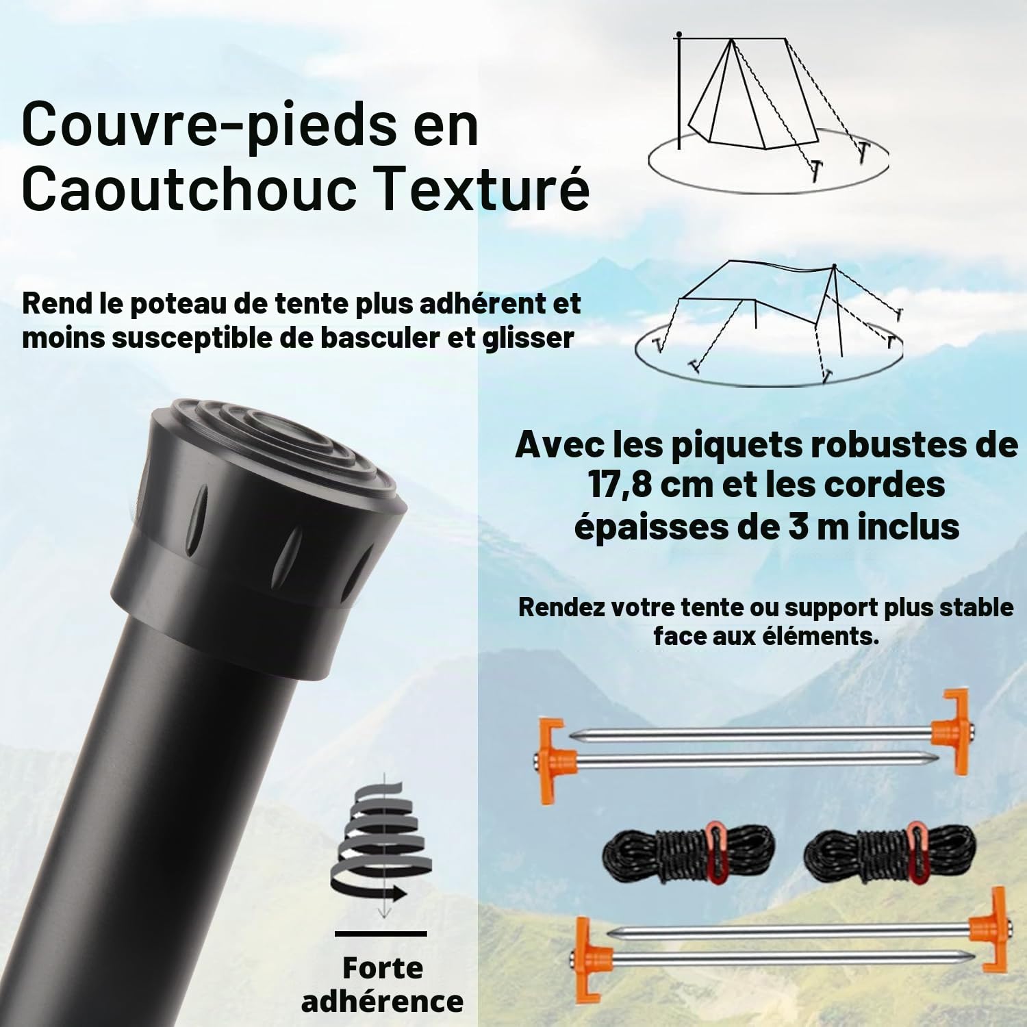 Lot poteaux de bâche Robustes et réglables en Aluminium aéronautique de 2,5 m avec Capuchon de Protection pour la randonnée