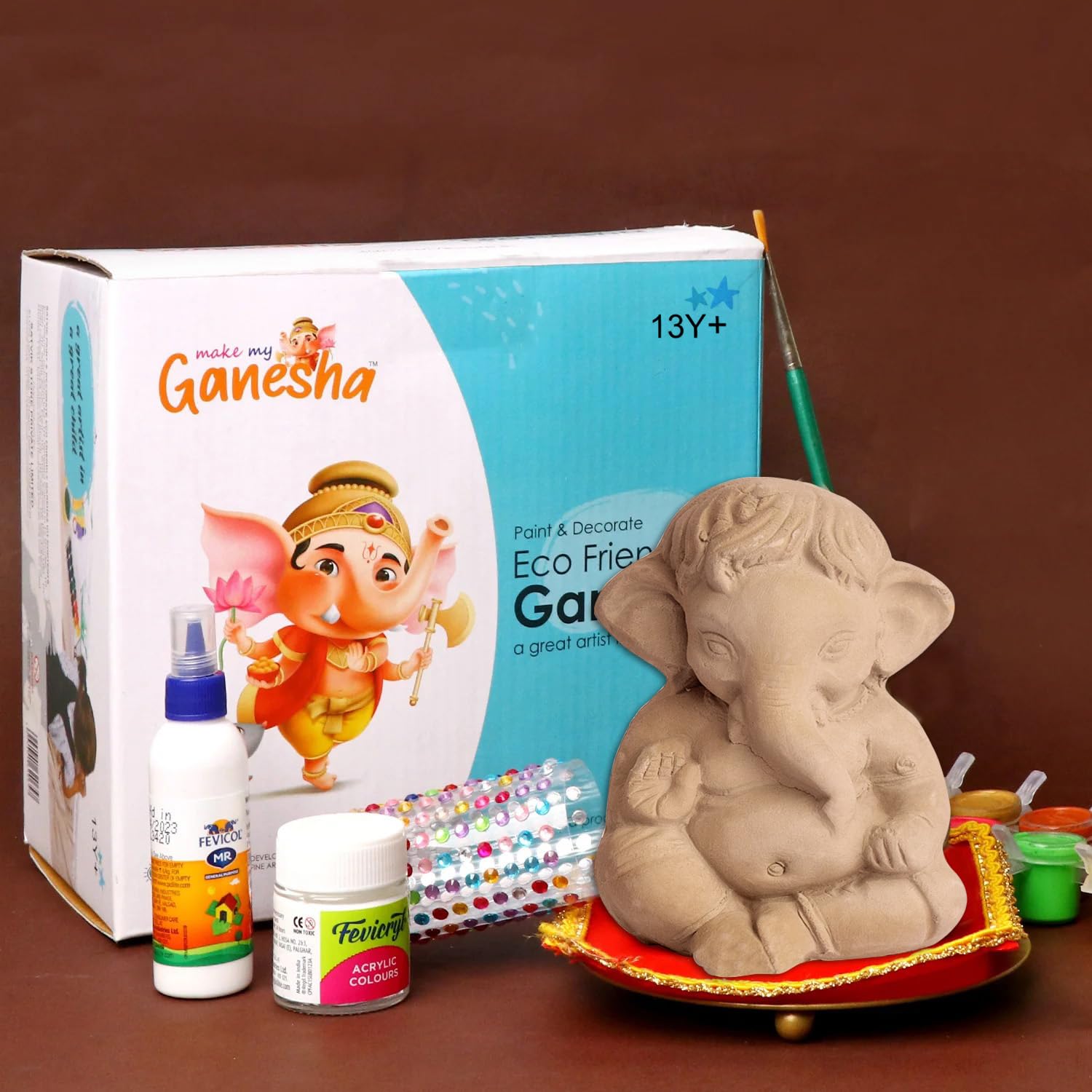 SATVIK Make My Ganesha Kit fai da te per dipingere e decorare fai da te ecologico Lord Ganesha Idolo per Visarjan, statua di Ganpati solubile in acqua in terracotta idolo di Ganesh Chaturthi, idolo