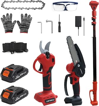 3-in-1 Electric Pruner Kit for Tree Trimming & Garden Work, Cordless Chainsaw & Shears with 8ft Telescopic Pole, 6-Inch Blade, 2 Batteries, SK5 Steel, Red Ideal for Seasonal Yard Maintenance