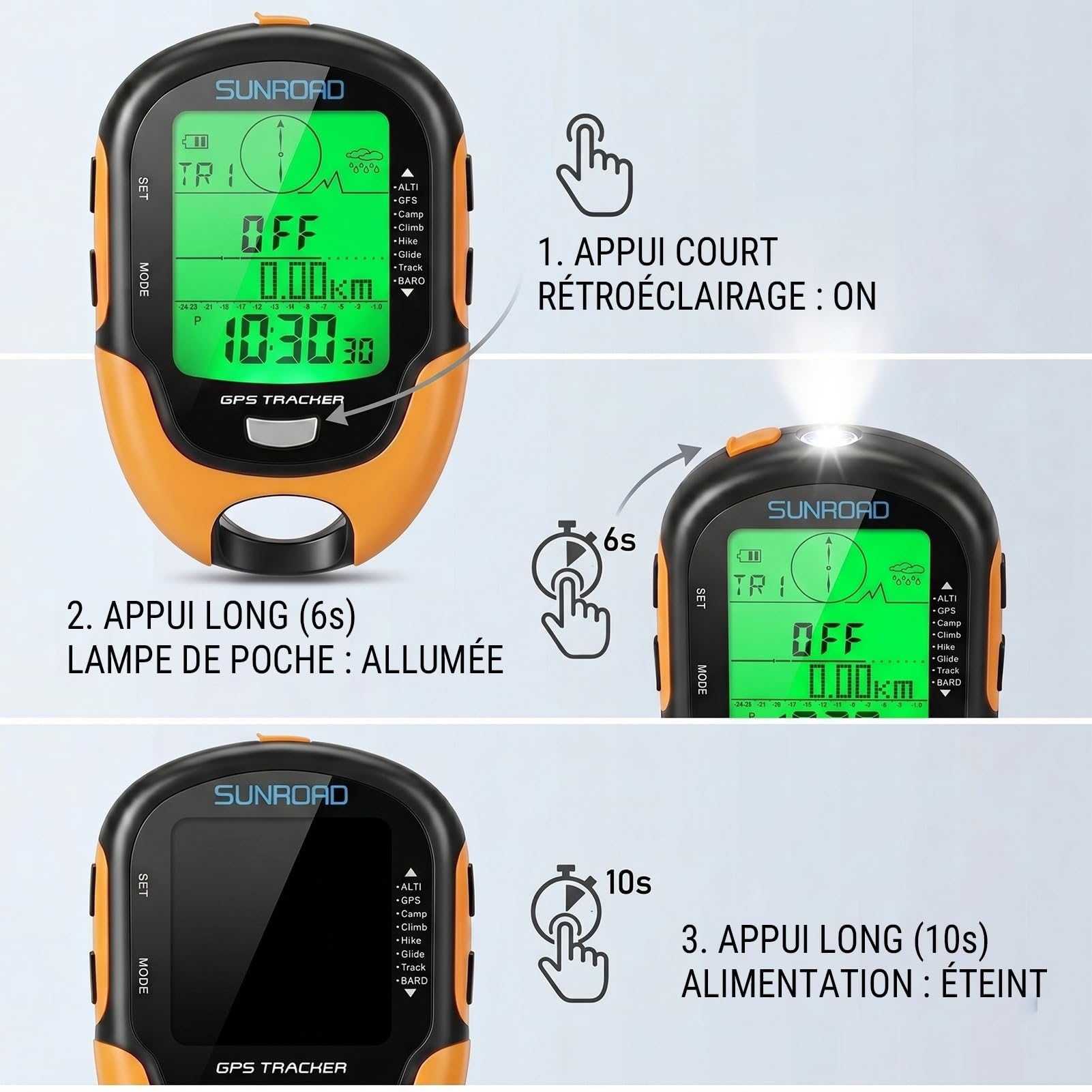 Altimètre Baromètre GPS, Appareil GPS Multifonctionnel Haute Précision avec Boussole, Thermomètre, Hygromètre, Prévisions Météo, Horloge, Date, Lampe de Poche LED, Réveil, Étanche IPX4
