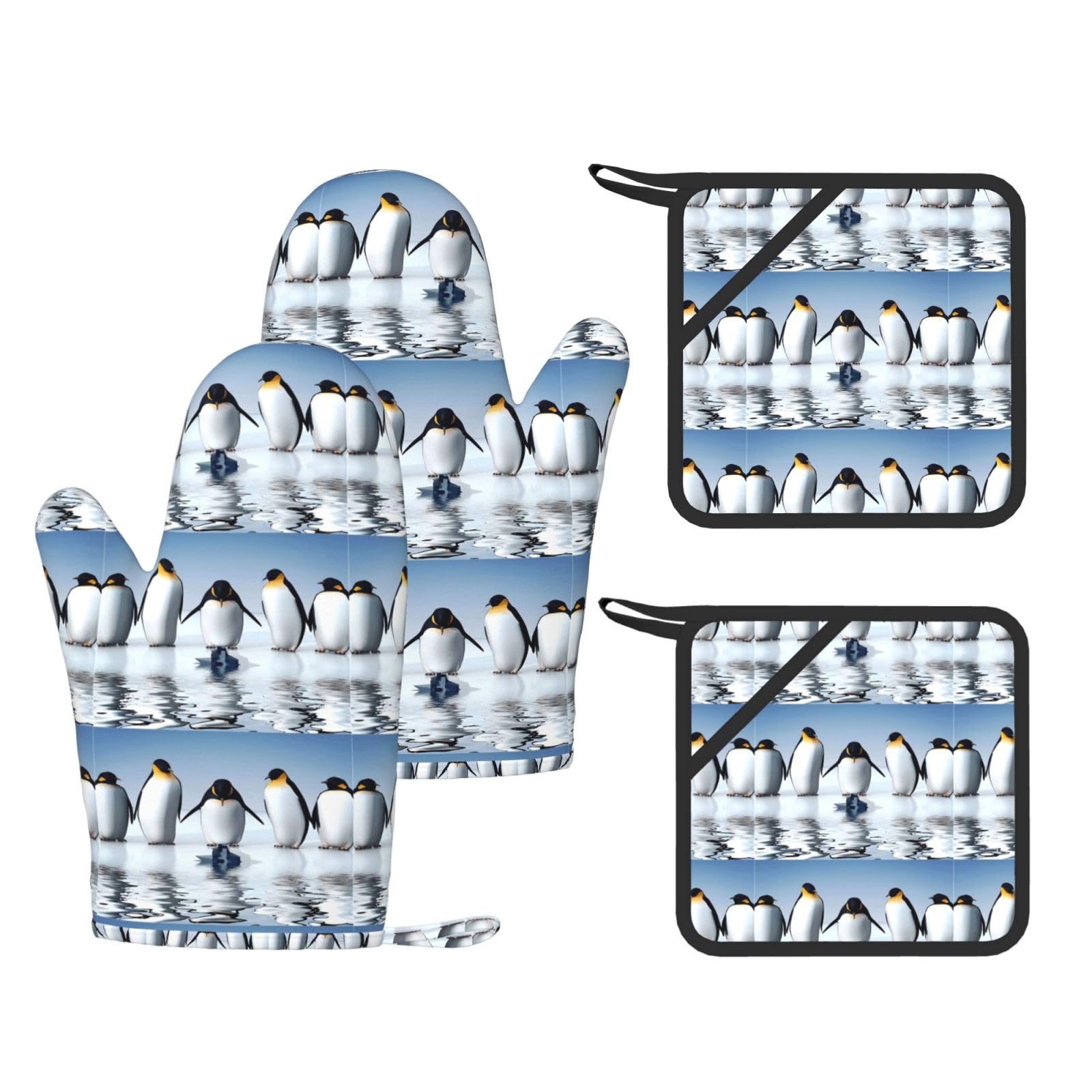 Penguin Printed Cooking Mitts and Pot Holders 4 Pcs, Heat Resistant Oven Gloves with Hanging Loop Chef