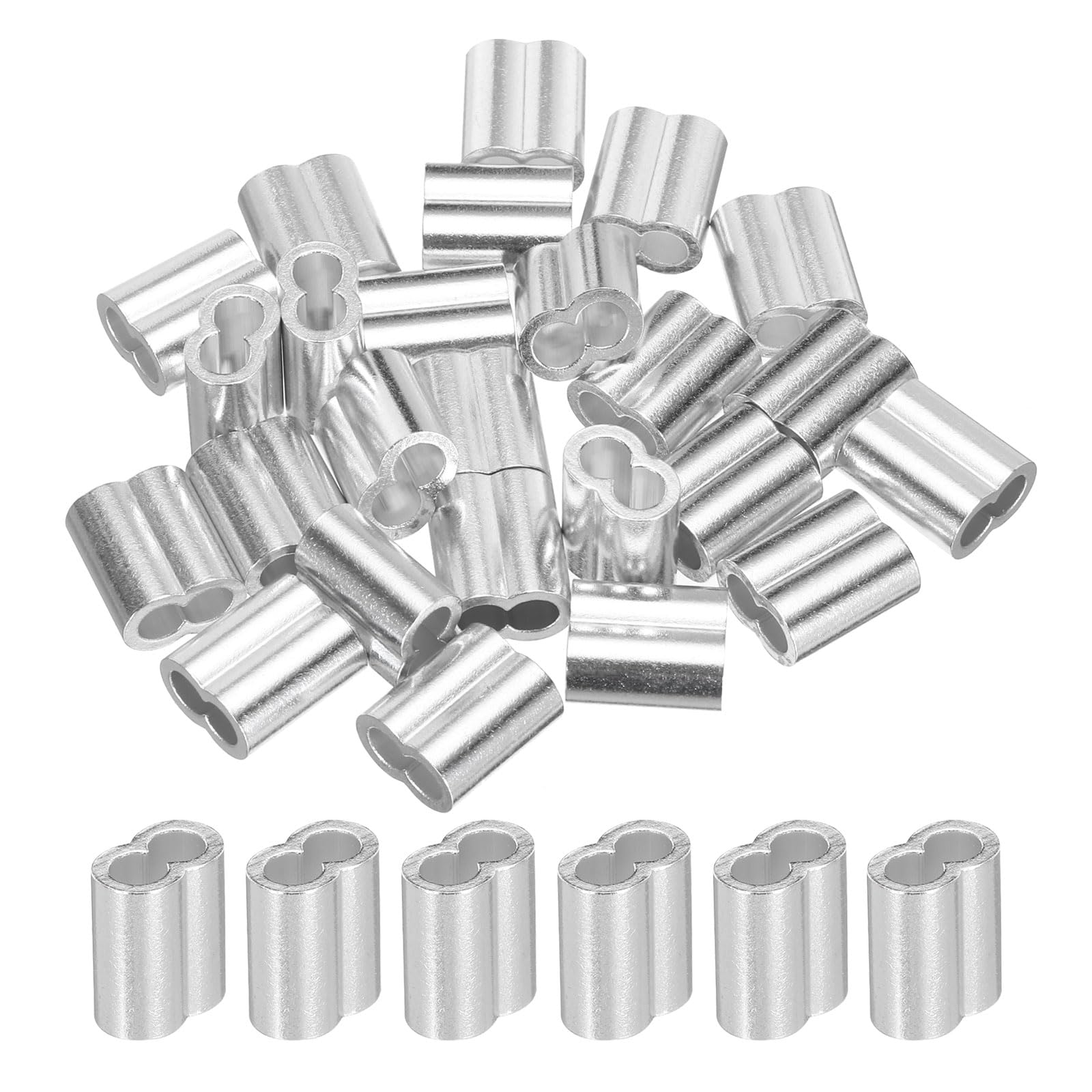 sourcing map 3/16" 4mm Aluminum Crimping Loop Sleeve Double Ferrule for Wire Rope Cable Line End, Silver 25pcs
