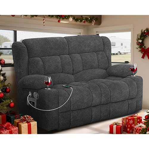 RV Loveseat Recliner Sofa, Wall Hugger Reclining Loveseat RV Couch with USB Ports, Cup Holders, Pockets, 150° Adjustable RV Furniture Velvet Fabric Recliners for Travel & Home Theater Seating