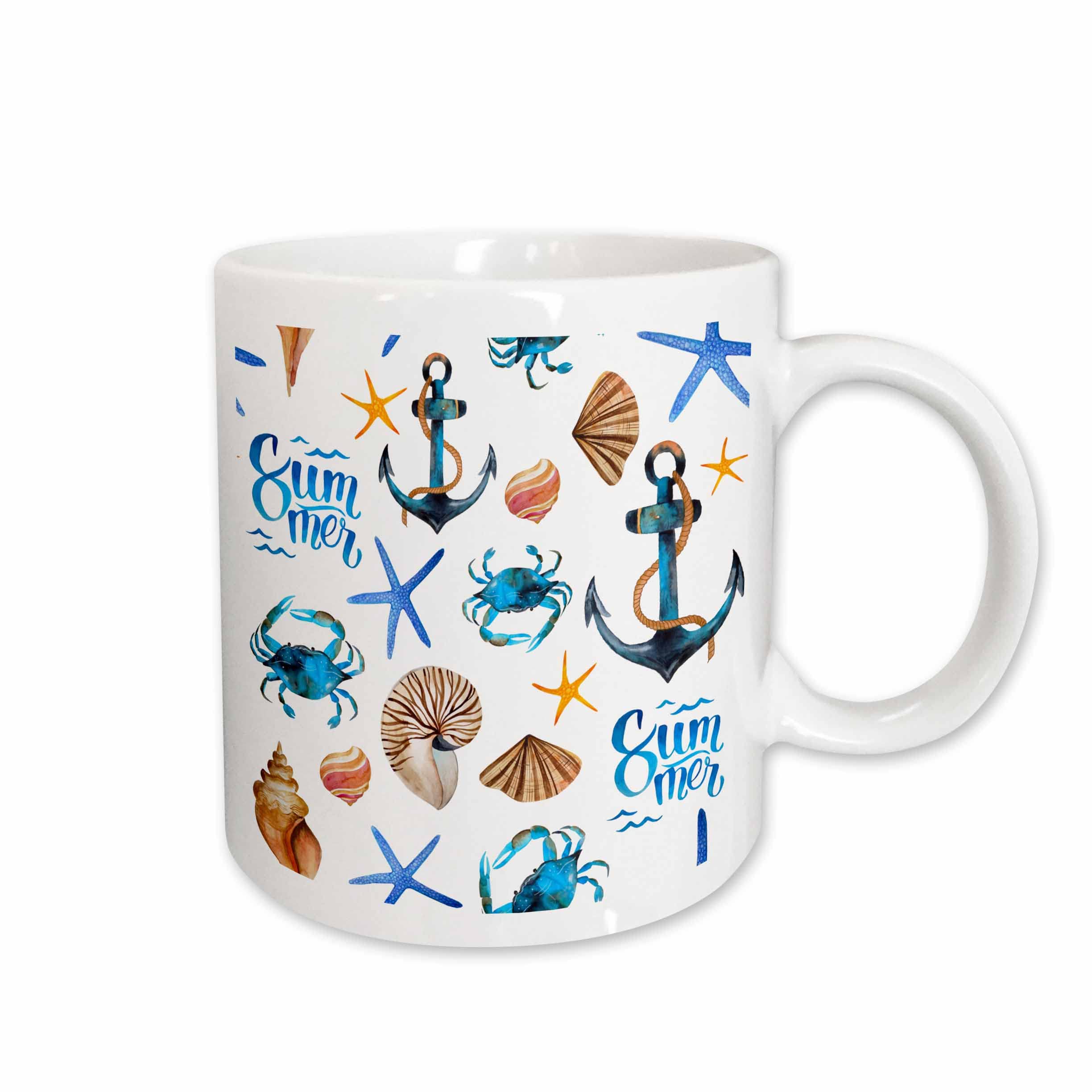 3dRose Nautical Anchors, Sea Shells, Crabs, and Summer Pattern 11oz Mug