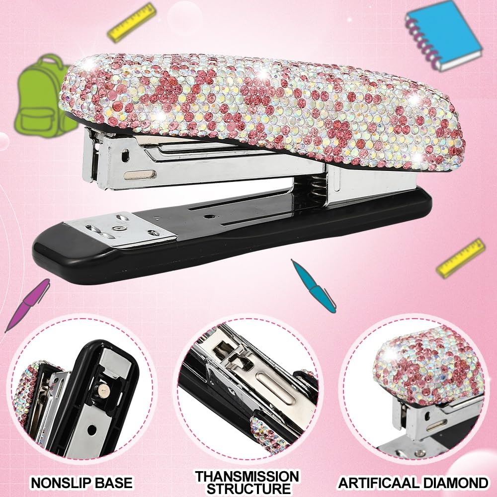 XhuangTech Bling Crystal Stapler, Handmade Rhinestone Cute Stapling Machine Stationery Stylish Accessories, Glitter Gem Desktop Stapler for Office School Classroom Home Supplies (Pink White) - Image 3