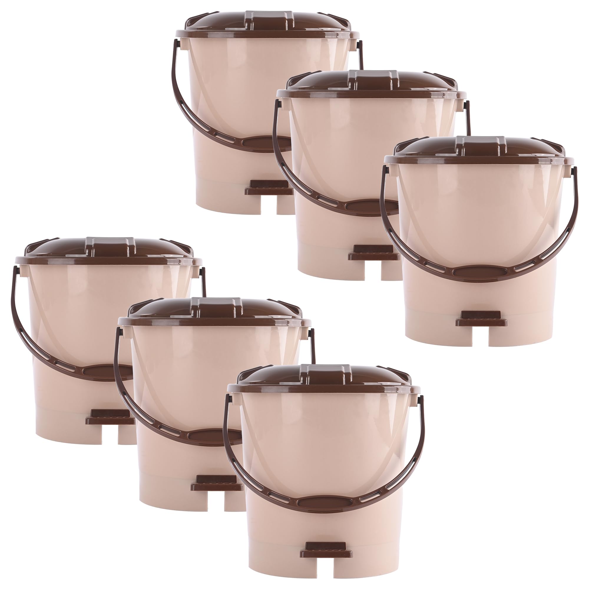Kuber Industries Pack of 6 Plastic Dustbin for Home with Pedal Lid & Handle | 7 Ltr Dustbin for Kitchen Bathroom & Office | Garbage Bin for Wet or Dry Waste | Check Dhakkan- Cream & Brown