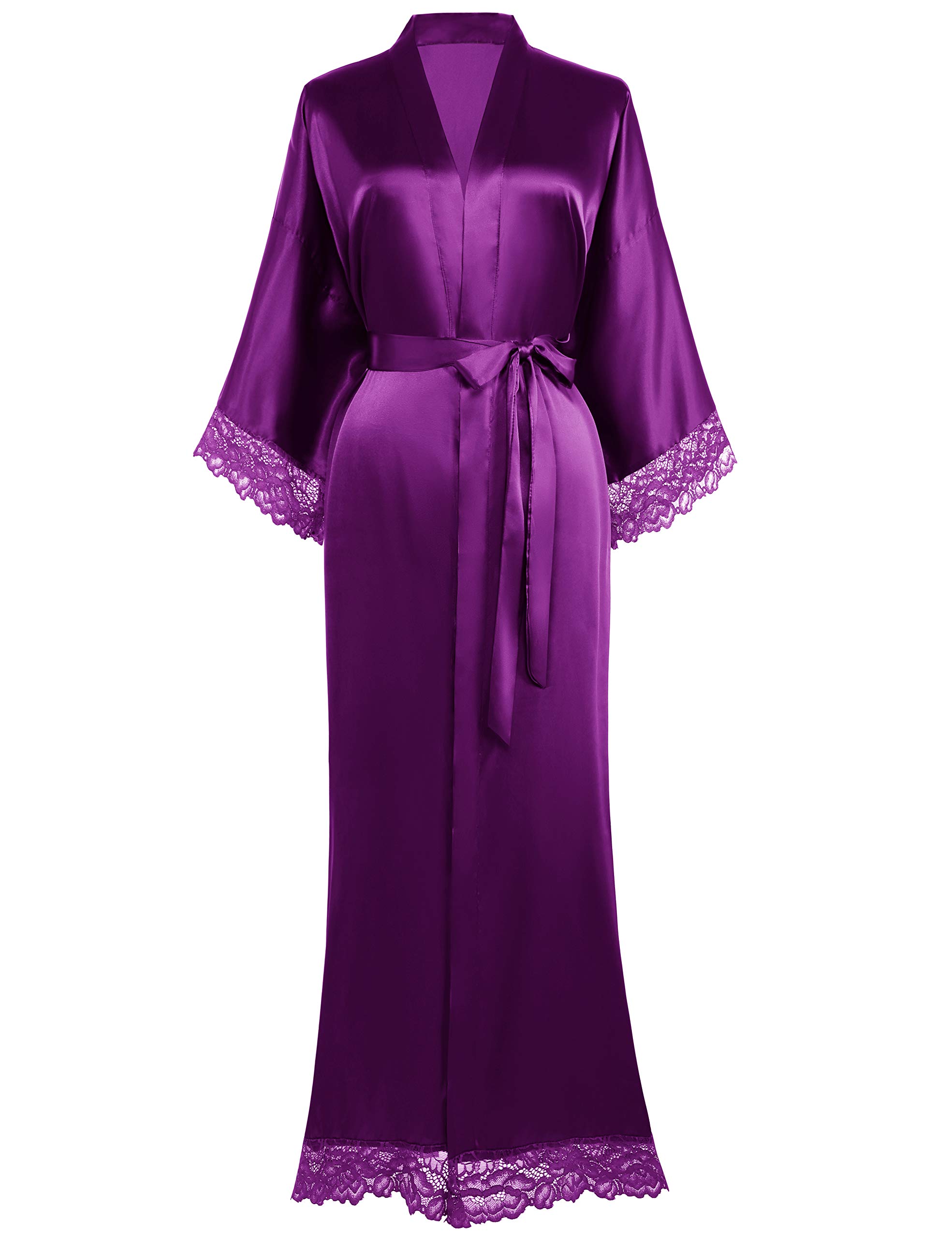 Coucoland Kimono Robe de Chambre longue Satin Robe de Nuit avec Bordure en Dentelle pour Femme Taille Unique