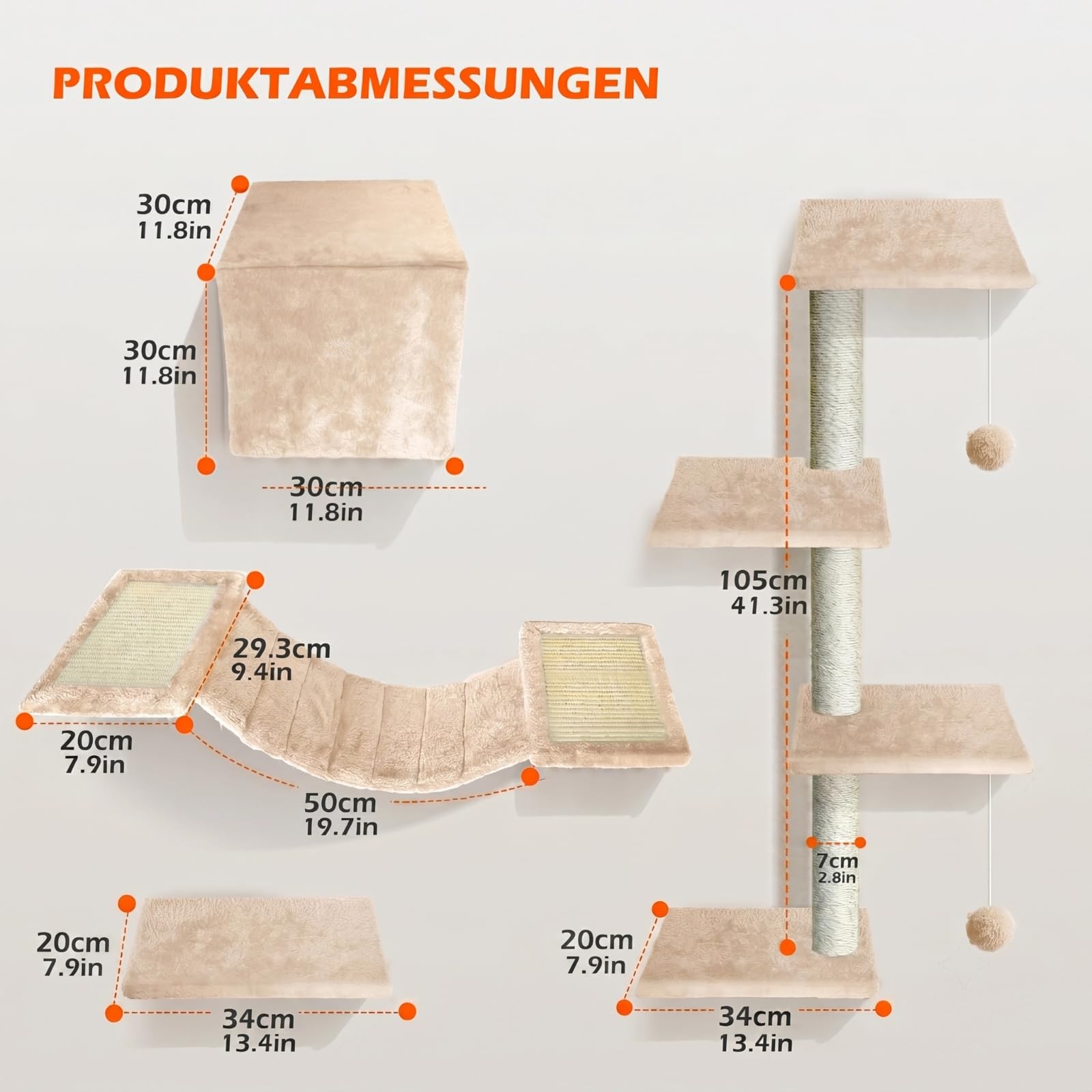 Kletterwand Katzen 10-teilig, Wandmontage Katzenmöbel Set mit Katzenbrücke, Katzenhaus, Kratzbaum & Hängematte, Stabiler Katzentreppe bis 10 kg, Beige