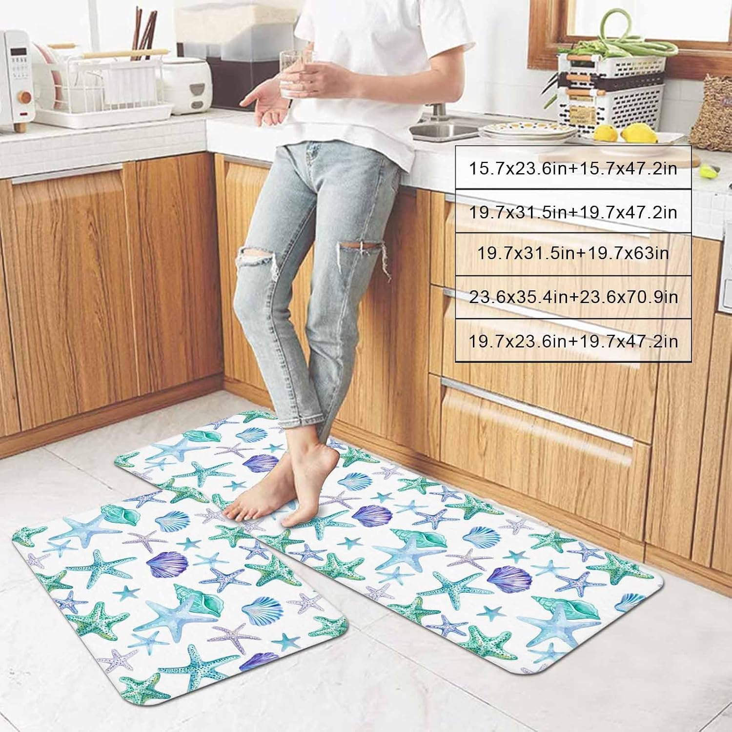 Prime Leader Ocean Starfish Shell Kitchen Mat Set 2 Pieces Summer Sea Watercolor Green Purple Marine Life Non Slip Kitchen Rugs Washable Runner Rug Mats for Sink Laundry (19.7" x 31.5"+19.7" x 63")