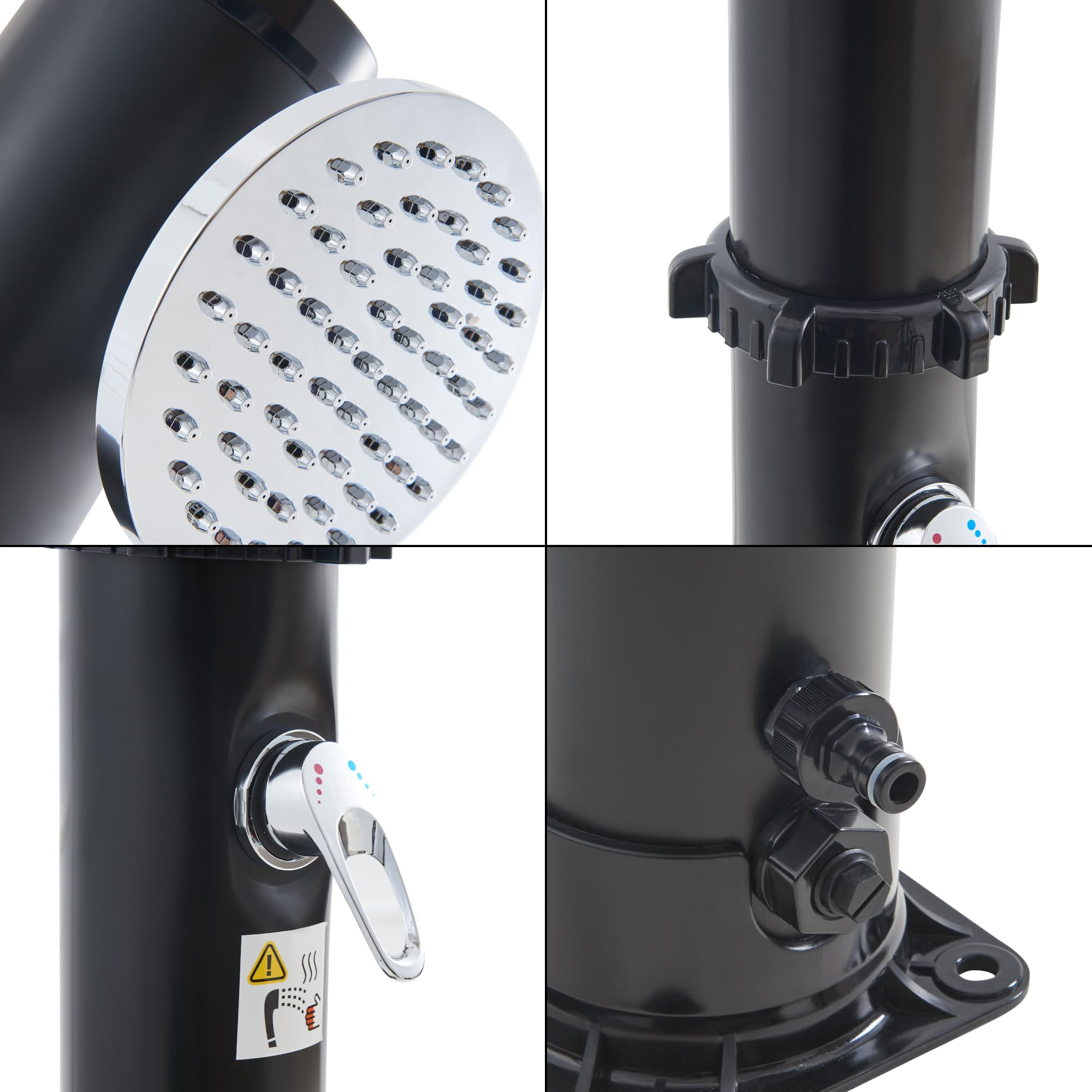 casa.pro Ducha Solar Exterior Kebomi para Piscina Jardín Terraza Temperatura Ajustable máx. 60°C Cabezal Giratorio Grifo para Piés Tanque de 18L Plástico/Metal Altura 216 cm - Negro