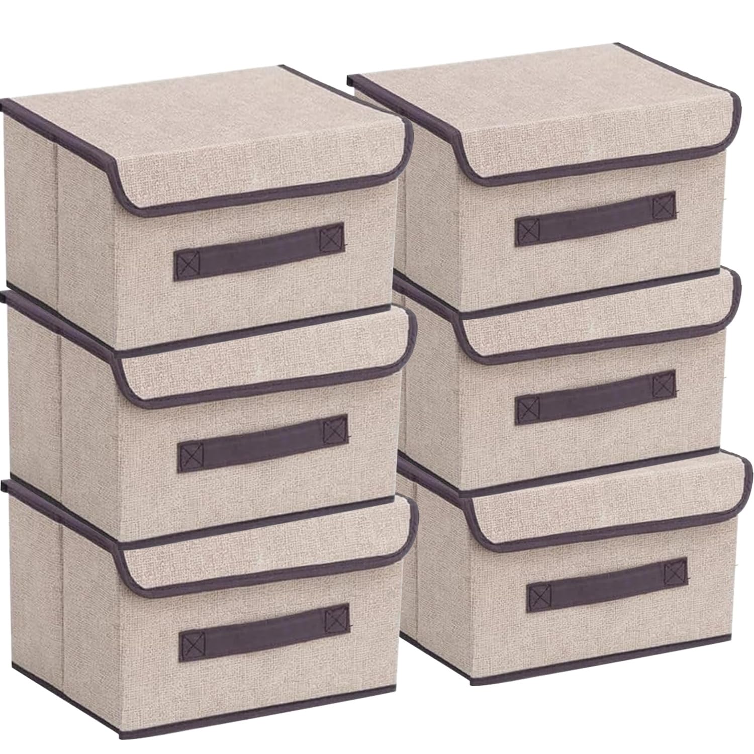 Punklong Storage Boxes with Lids Fabric,6 Pack Collapsible Storage Box,25.5 * 19 * 16cm Foldable Fabric Storage Box with Lid for Wardrobe, Bedroom, Nursery, Office, Toys, clothes (Beige)