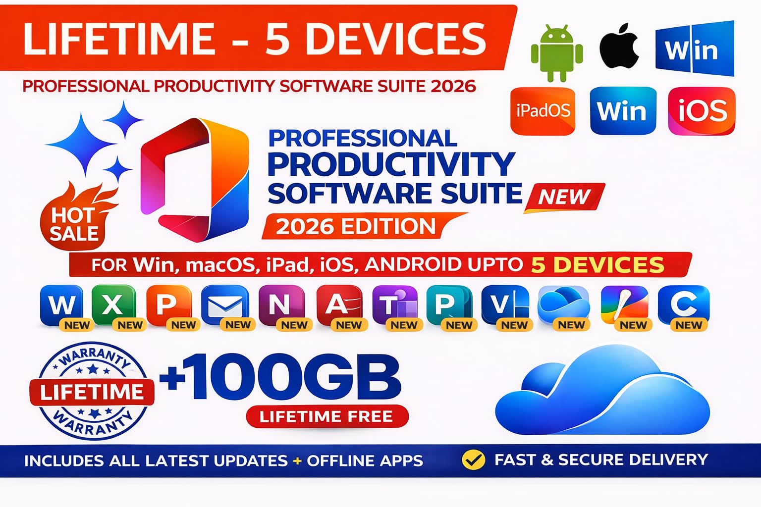 O'ffice365 Pro Plus Edition 2026 with AI Chat, 5 Devices Lifetime Validity, Win/MacOS/iOS/Android, 100 GB Cloud Storage, Quick Installation Support. 1-Year Warranty.