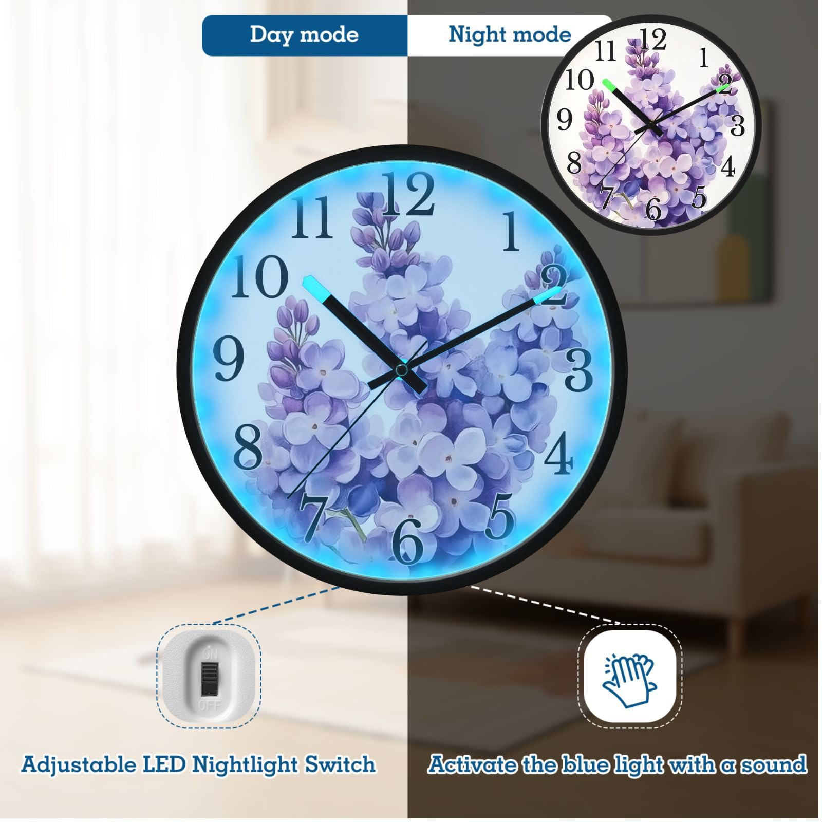 Mnsruu Reloj de pared luminoso con acuarela, color lavanda, reloj de pared que brilla en la oscuridad, funciona con pilas, silencioso, sin tictac, luz nocturna para dormitorio
