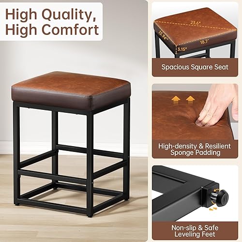Miniatura 3 de Juego de 2 taburetes de bar de altura de mostrador, taburetes de bar de 24 pulgadas para encimera de cocina, taburetes de cuero sintético con