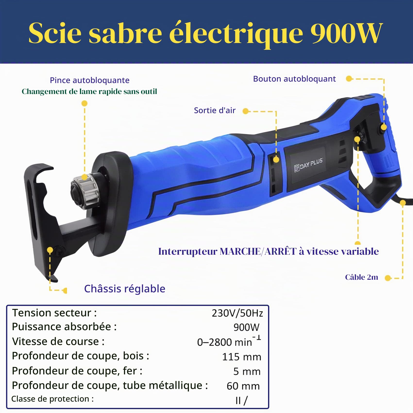 Royalswill Scie Sabre, Professionnelle 900W Égoïne Électrique 0~2800 trs/min Vitesse Variable, a metaux, bois, Course 20 mm, Fournie avec 5 lames de scie, Changement Lame Sans Outil