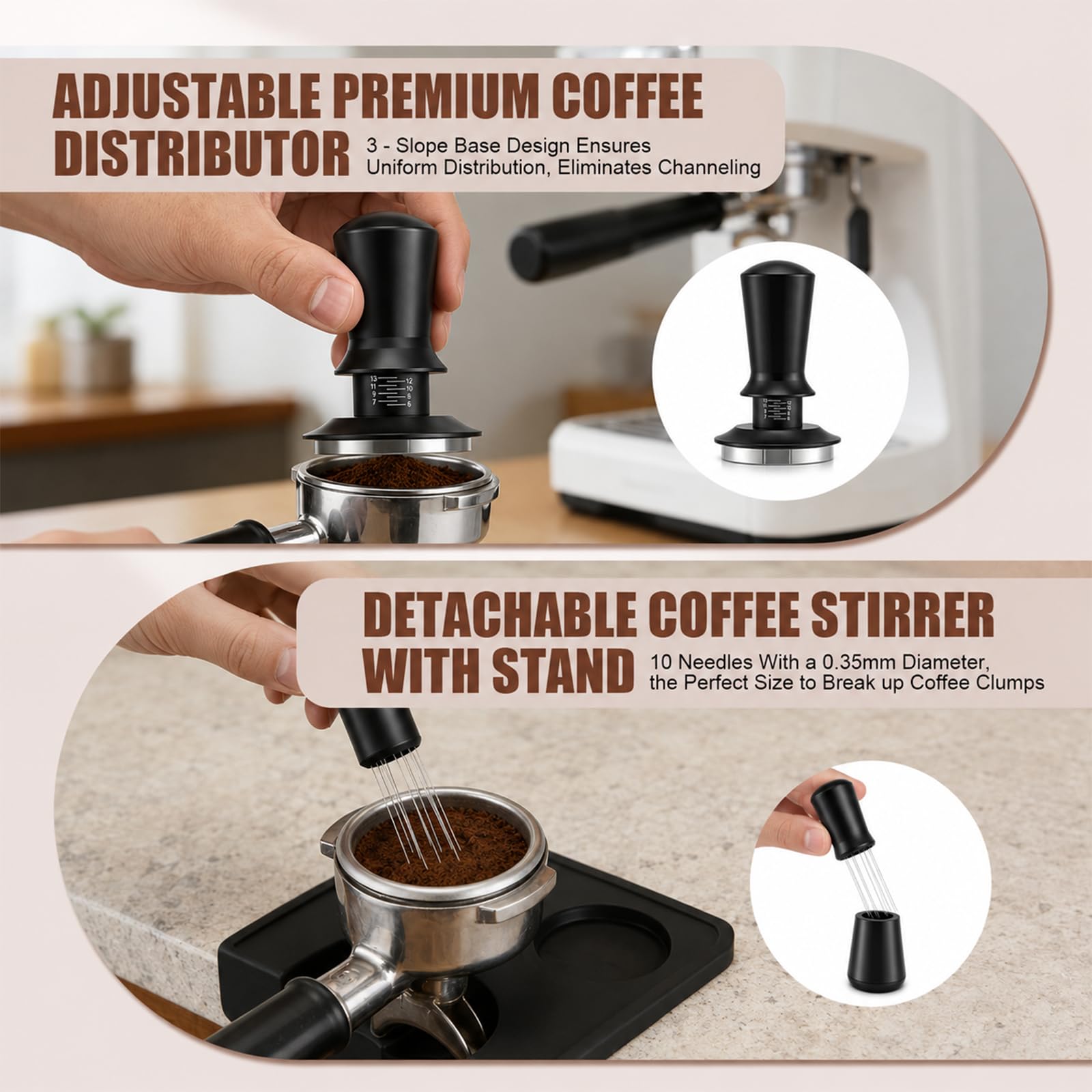 Set 7 Accesorios para Espresso, 58mm con Base de Madera, De Tamping, Herramienta WDT, Anillo Dosificador Magnético, Filtro y Cepillo